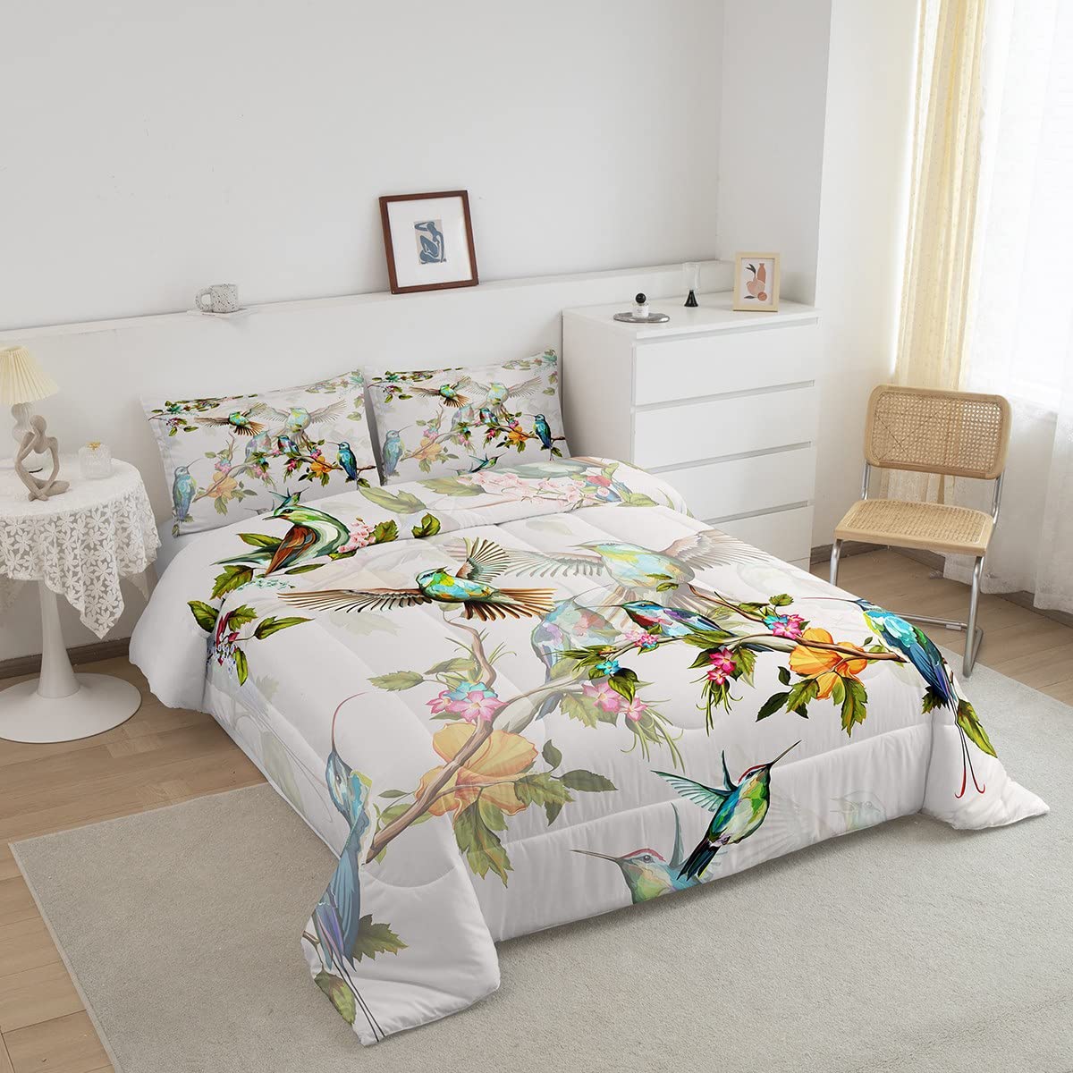 Erosebridal Birds Comforter Set Queen Hummingbird Bedding Set Blue Green Spring Wild Animals Botanical Down Comforter Farmhouse Nature Spring Wildlife All Season Duvet Insert for Women Girls
