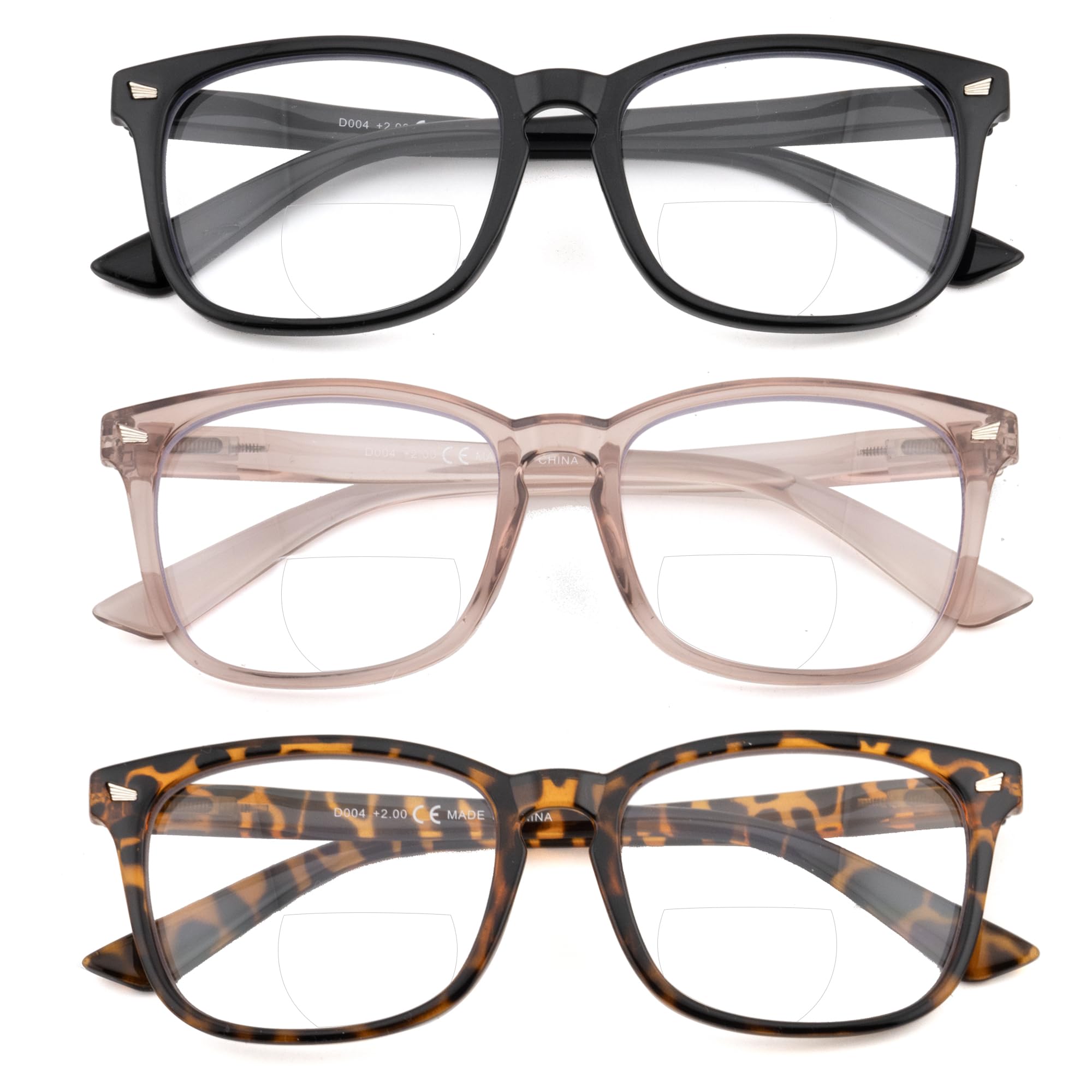 Caeyer 3 Pack Bifocal Reading Glasses For Women Men PC Rectangle Frame Anti Blue-ray Multifocal Readers with Spring Hinge