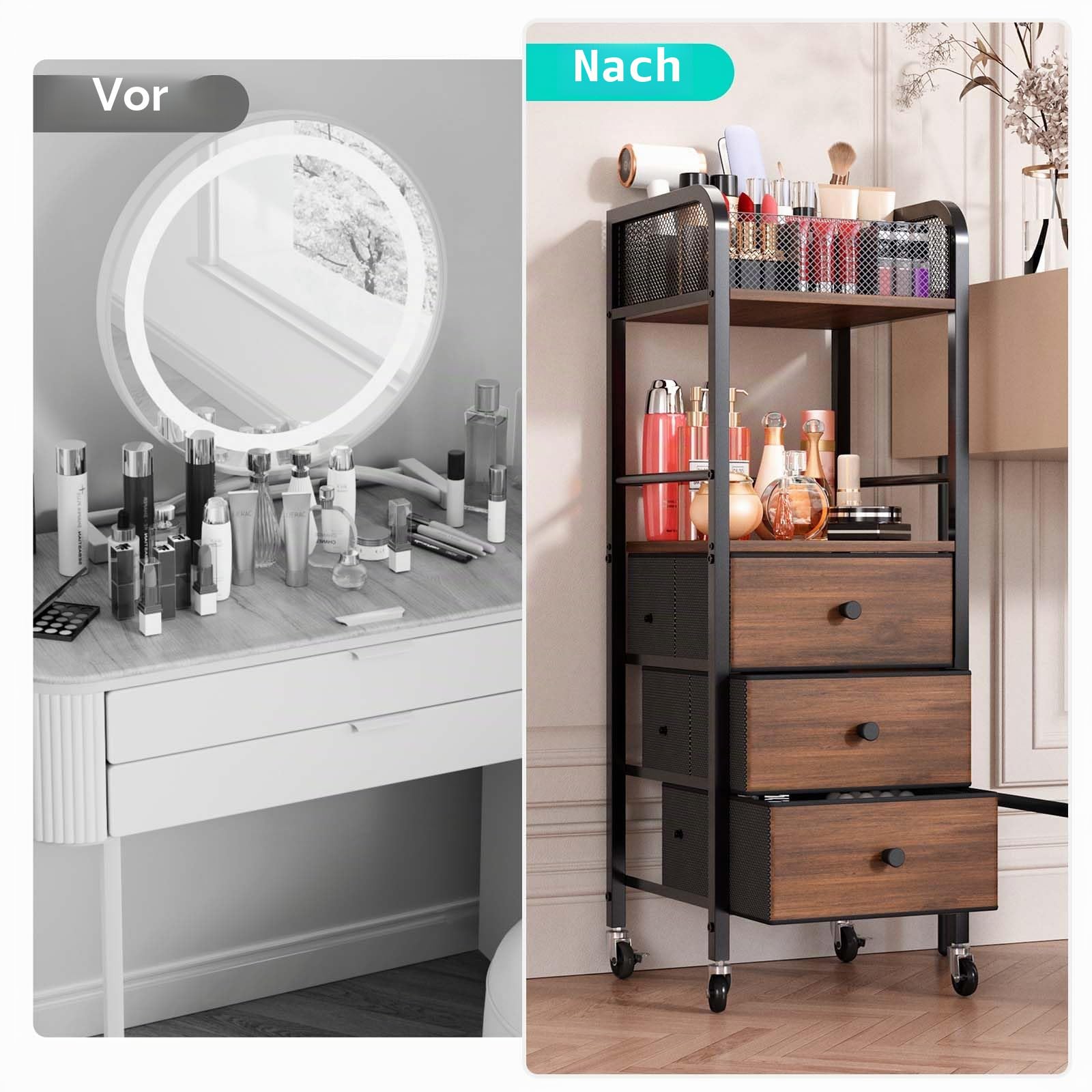 Kosmetik Rollwagen mit 3 Schubladen - Hautpflege Organizer für Kosmetikstudio, Parfüm, Nagellackbürste