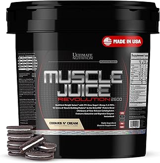 Ultimate Nutrition Muscle Juice Revolution 2600 Weight Gainer, Intestinal Health, Muscle Recovery with Glutamine, Micellar Casein, Cookies N Cream Powder, 11.1 Pounds