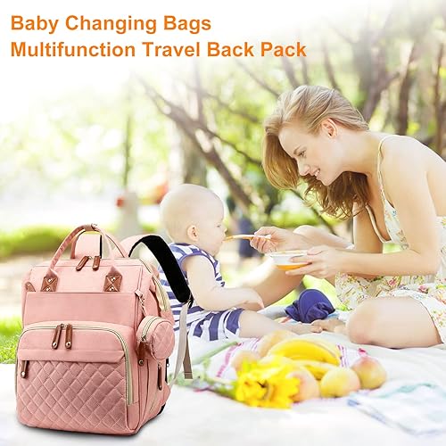 Miniatura 6 de Mochila para pañales para bebé con cambiador, bolsas impermeables para niños y niñas, Rosado, Multifunción