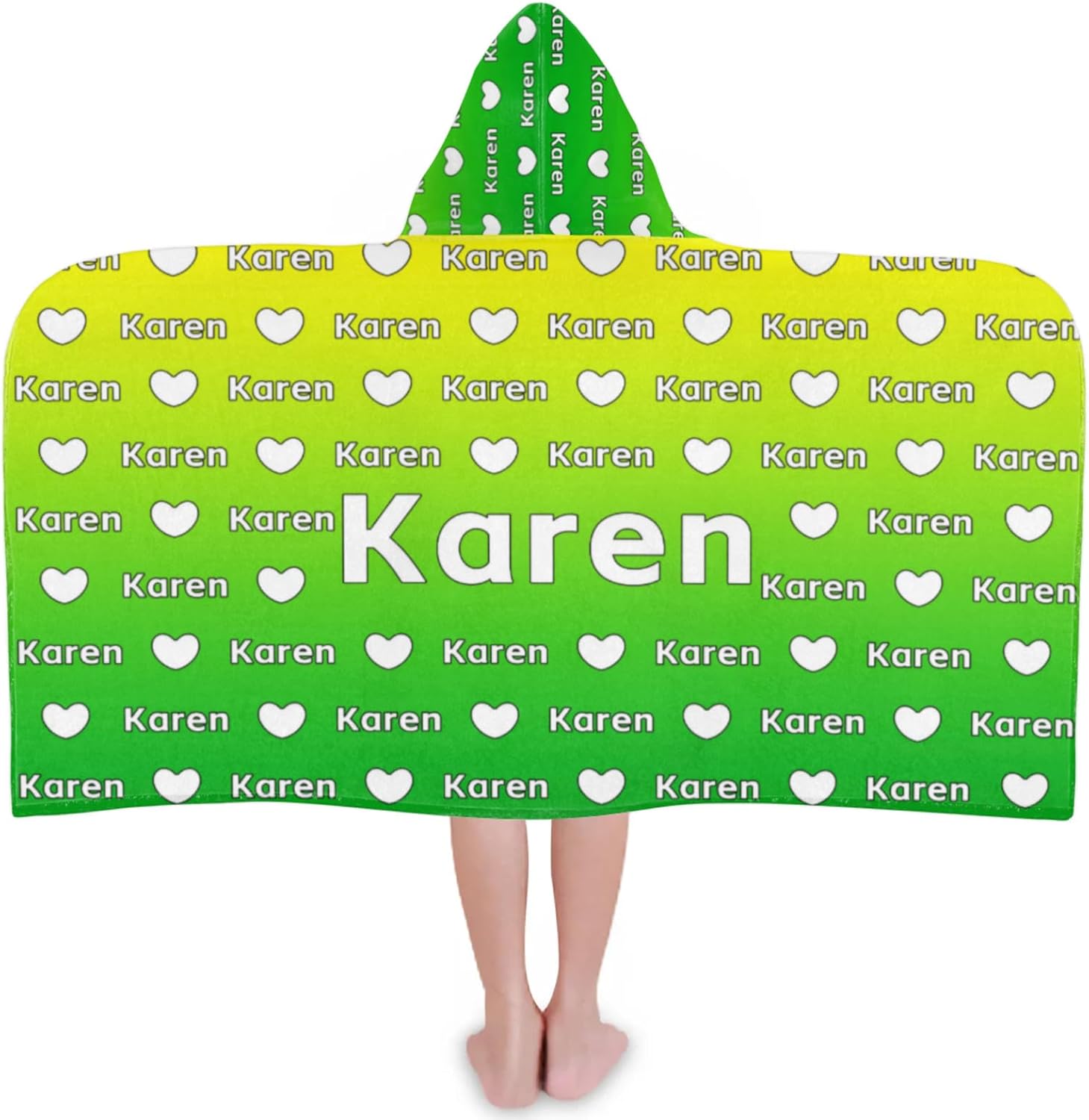 Custom Name Beach Towel with Hood for 3-10 Years Boys and Girls, Yellow Green Gradient Personalized Hooded Towels Bath Robe for Kids, Children's Hooded Bath Towel