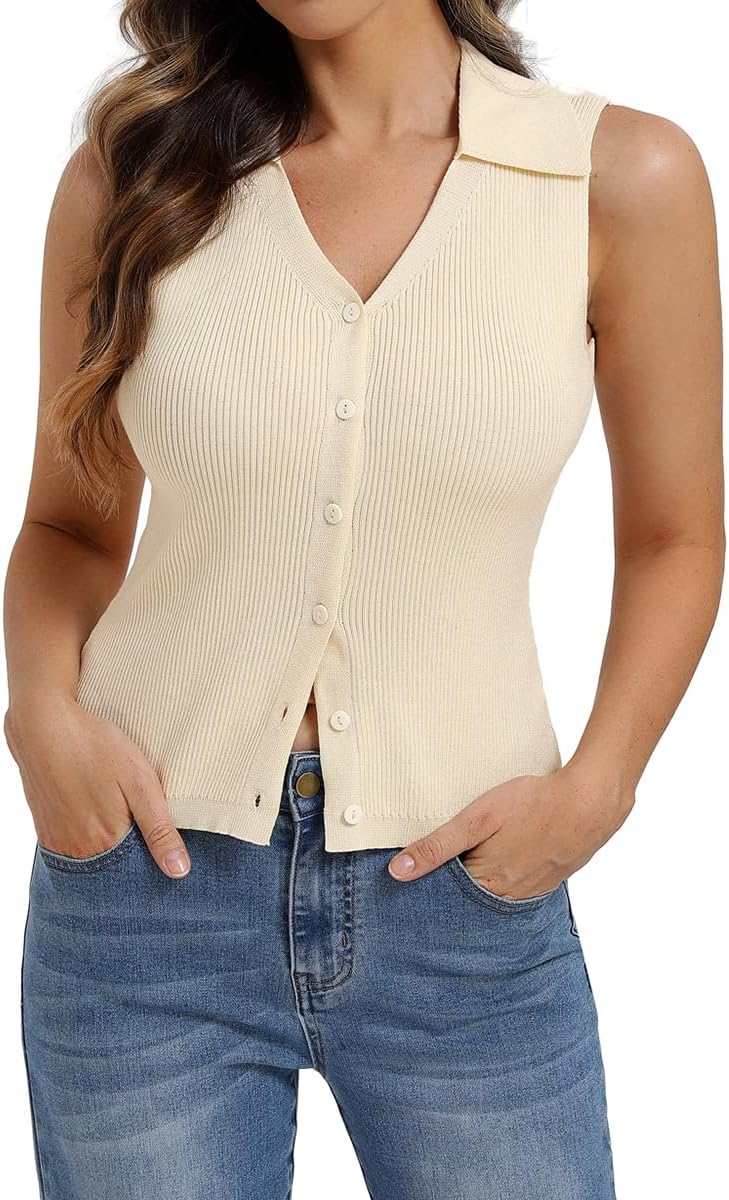Belle Poque Womens Button Down Tank Tops Summer Ribbed Vest Top Sleeveless V Neck Collared Vest Shirt Slim Fit Going Out Tops - Image 2
