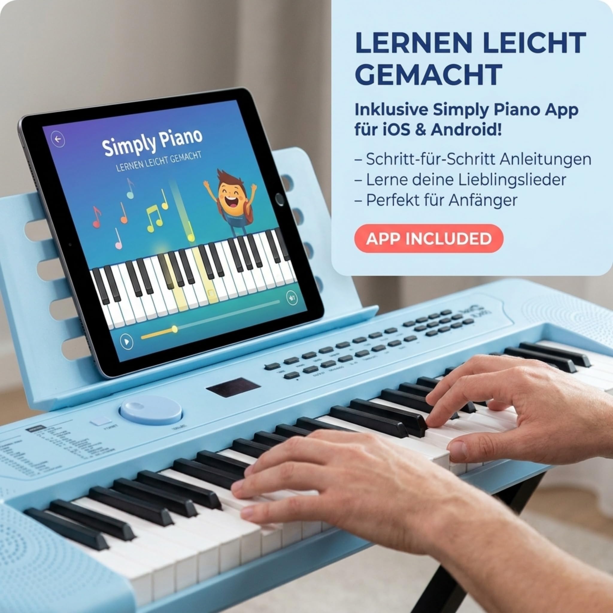 RockJam RJ490BB Mini Keyboard Piano mit 49 Tasten, tragbares elektronisches Synthesizer Keyboard Babyblau mit USB-C, Lautsprechern, Kopfhöreranschluss, 200 Klängen und Rhythmen