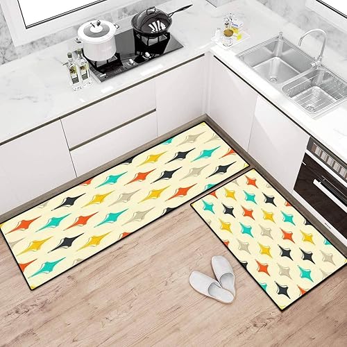 Juego de alfombras de cocina retro estilo bohemio de mediados de siglo cincuenta, diseño moderno de estrellas atómicas y colores para piso,