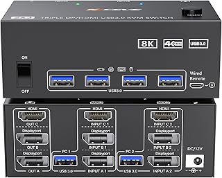HDMI + 2 Displaytport KVM Switch 3 Skärmar 2 Datorer 8K@60Hz 4K@144Hz, MLEEDA KVM Switch 2 Datorer Delade 3 Bildskärmar och 4 USB 3.0 Portar, 12V Ström, Trådbunden Fjärrkontroll och 2*USB Kablar - Amazon Deal & Rabatt