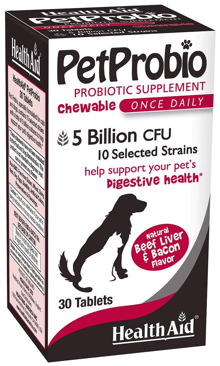 HealthAid PetProbio, 5 Billion with Probiotic, 10 Strains, 30ct, Once Daily for Cats and Dogs, Helps with Pet’s Digestive Health, Natural Beef, Liver, & Bacon Flavor