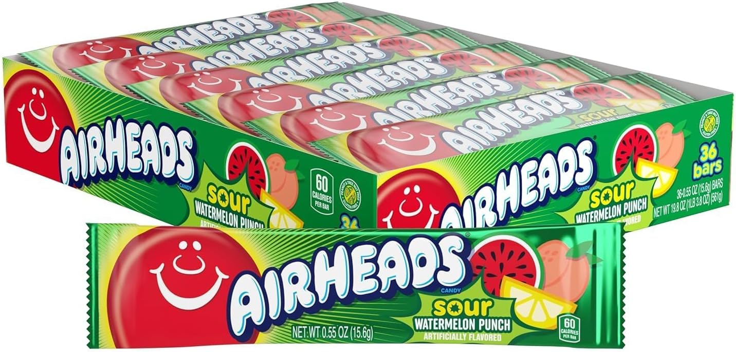 Airheads SOUR Candy Bars, Sour Watermelon Punch Flavored, Bulk, Concessions, Parties, Pack of 36 Bars