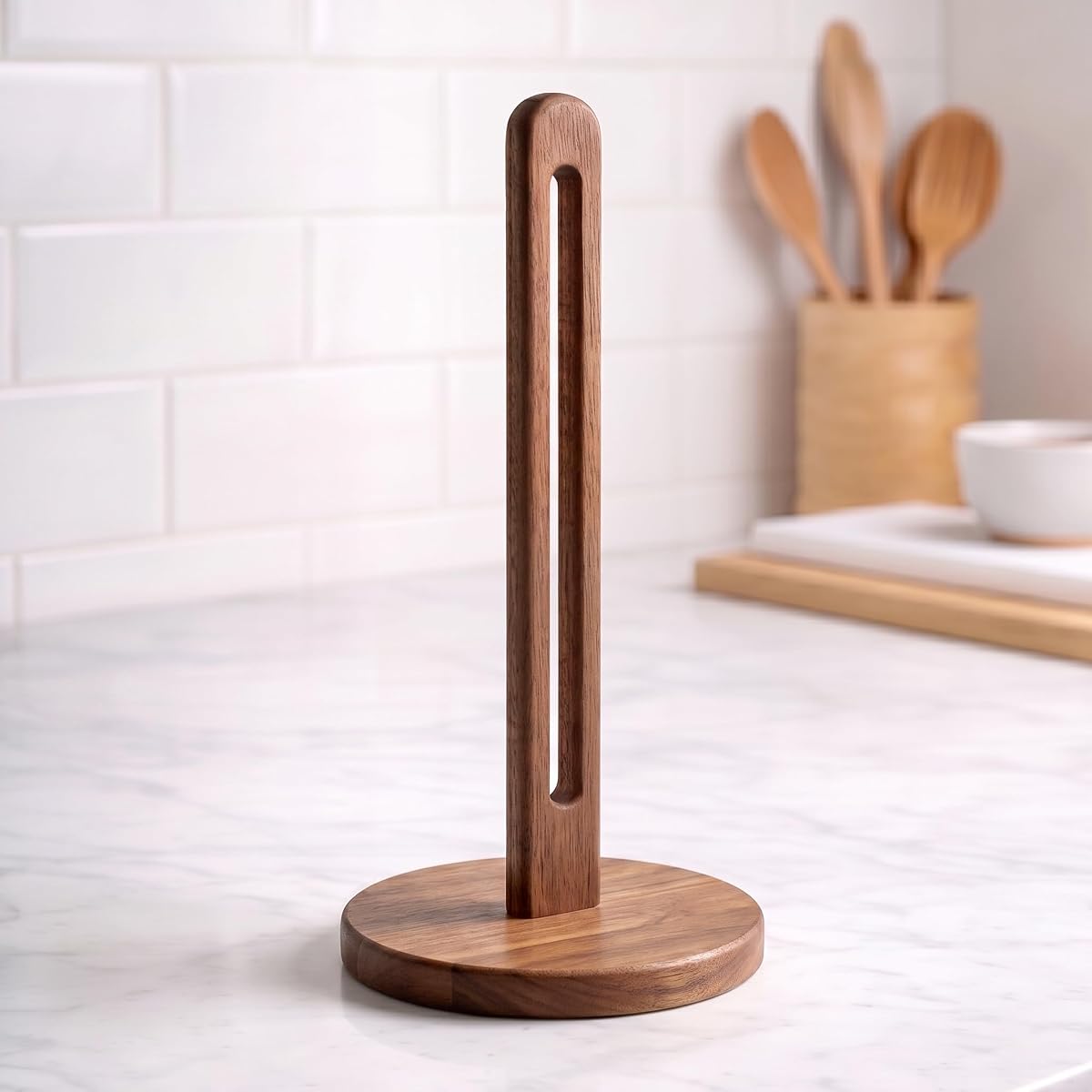 Soporte para toallas de papel de madera de acacia para rollo gigante - Elegante estante para papel de cocina, organizador de soporte para rollo de toalla de baño, UA, soporte para rollo de papel para encimera de madera maciza, estándar