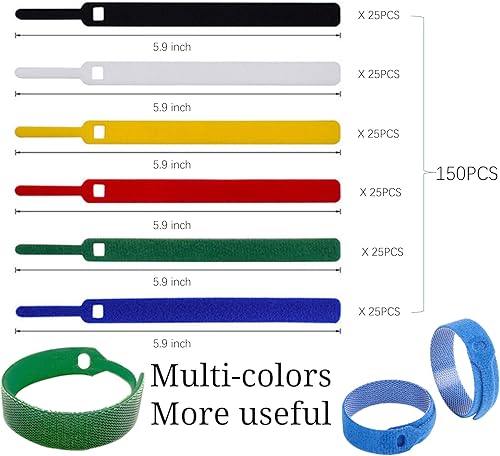 Miniatura 8 de 150 bridas reutilizables para cables, fuertes lazos de nailon de adherencia para PC y gestión de cables, duraderas. 5.9"