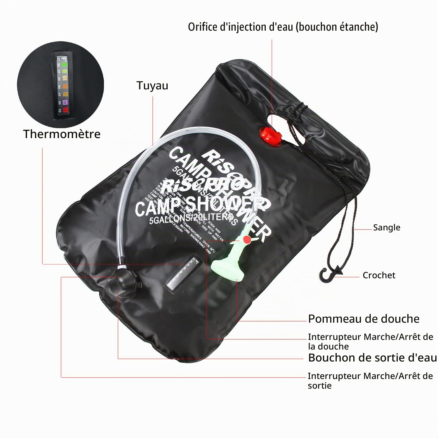 Sac de douche solaire, 20 litres, camping, température 45 °C, randonnée, escalade