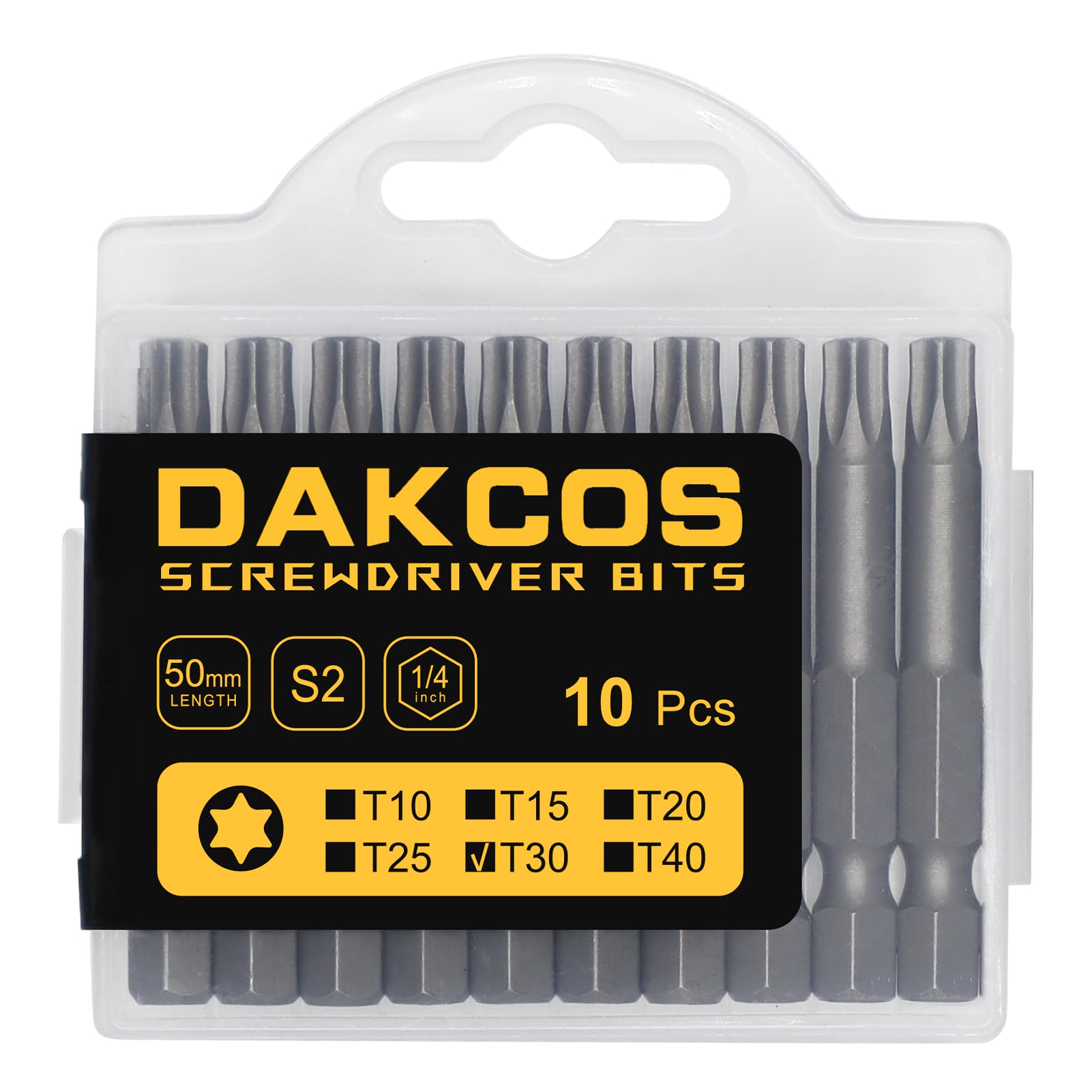 Dakcos T30 Torx Bit, 10Pcs Impact Driver Bits, 1/4" Screwdriver Bit Sets, Premium S2 Alloy Steel Bits, 50Mm Long
