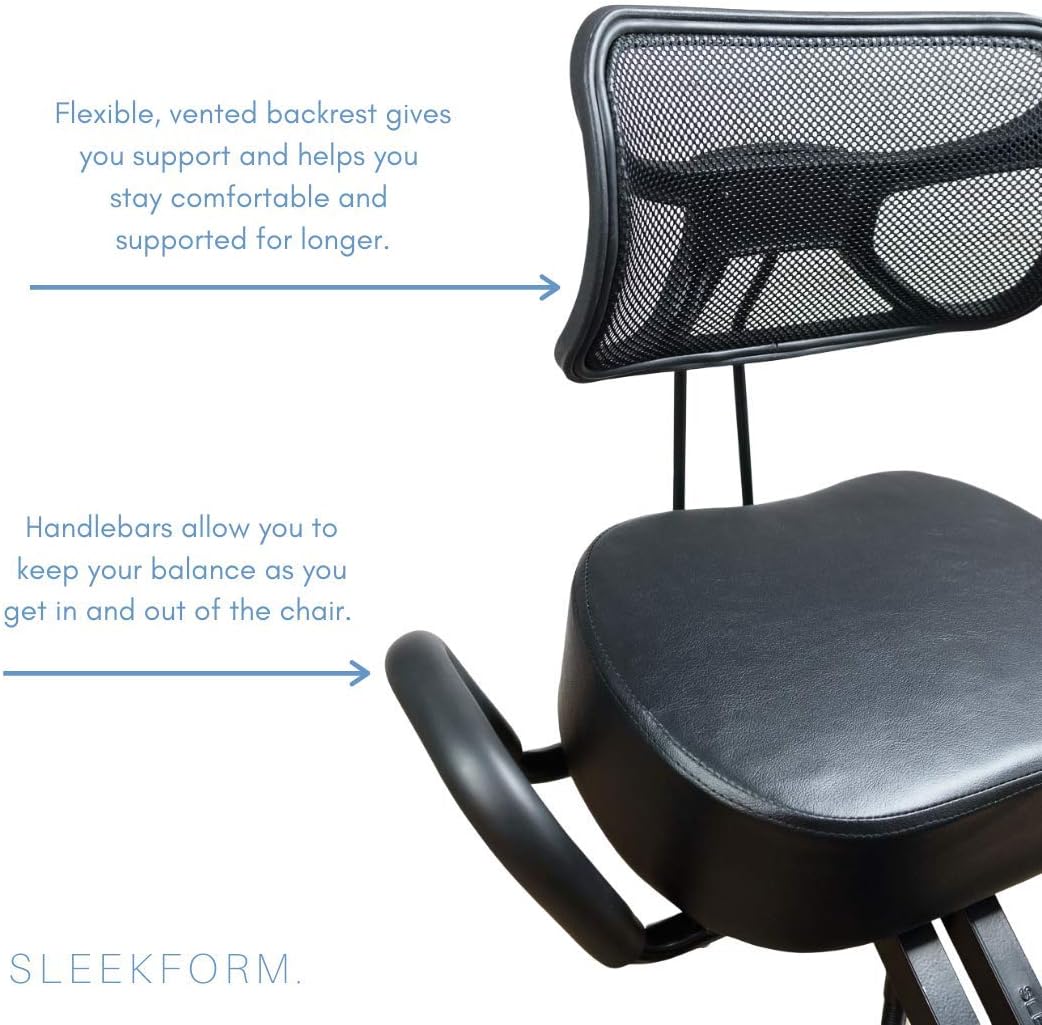 Close-up of the flexible, vented backrest and handlebars of the Sleekform Tokyo Kneeling Chair