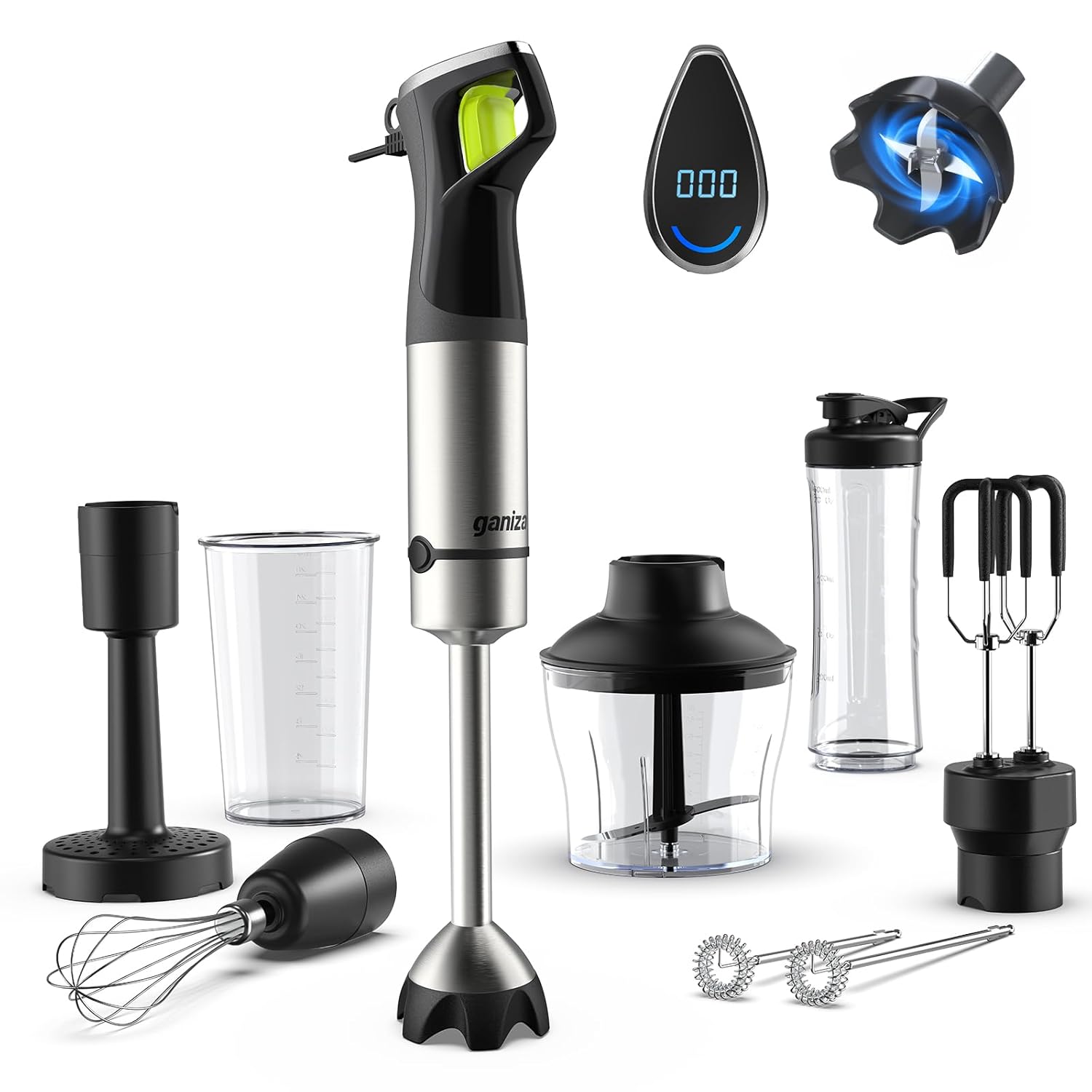 Ganiza Immersion Blender Max 1200W Heavy Duty Hand Blender with Time Display Variable Speed Trigger 9-in-1 Electric Handheld