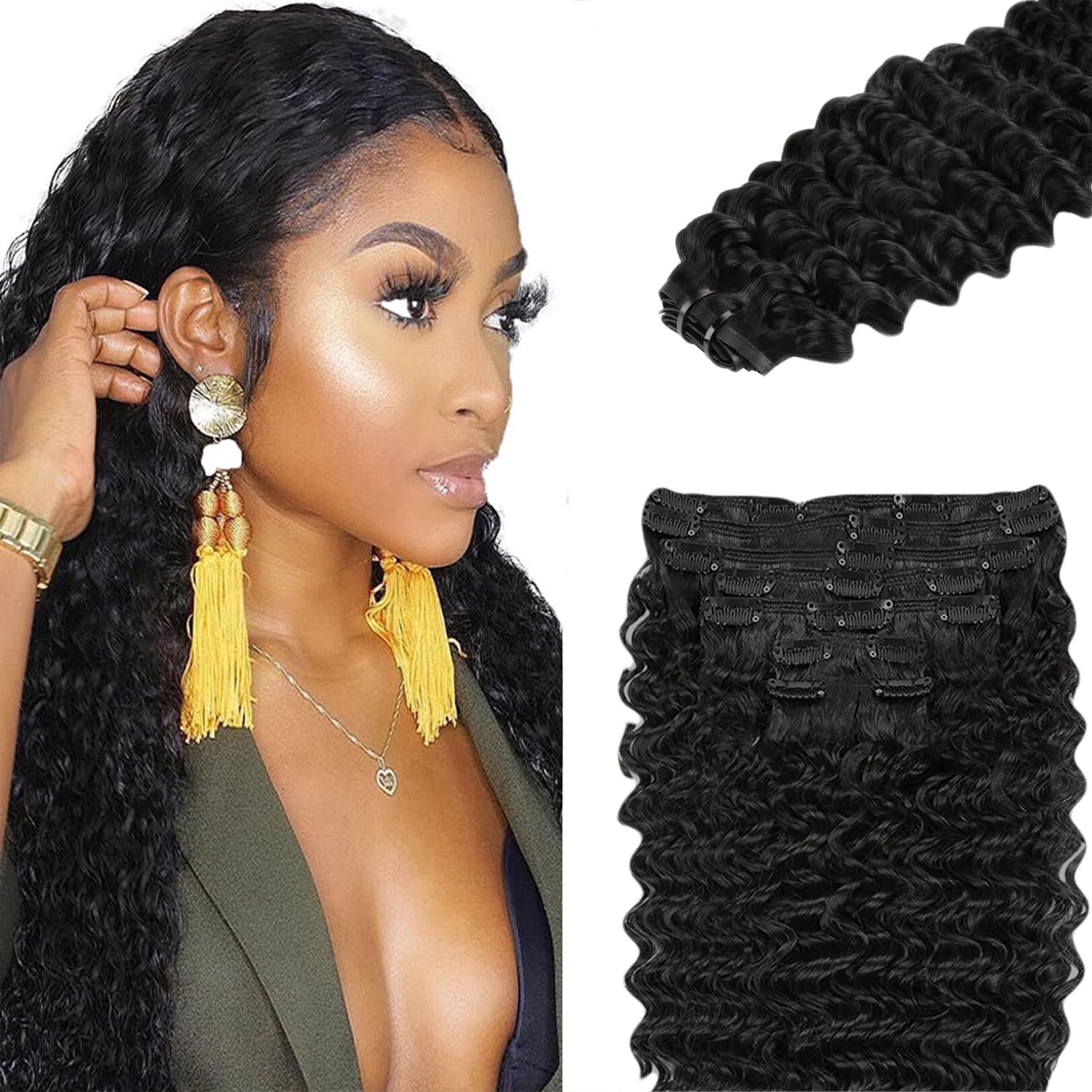 Photo 1 of #1B Deep Wave Clip in Hair Extensions,24 Inch Soft Real Human Hair,Natural Black Clip ins 120g 7pcs Per,Brazilian Double Weft Remy #1B Human Hair Extensions.