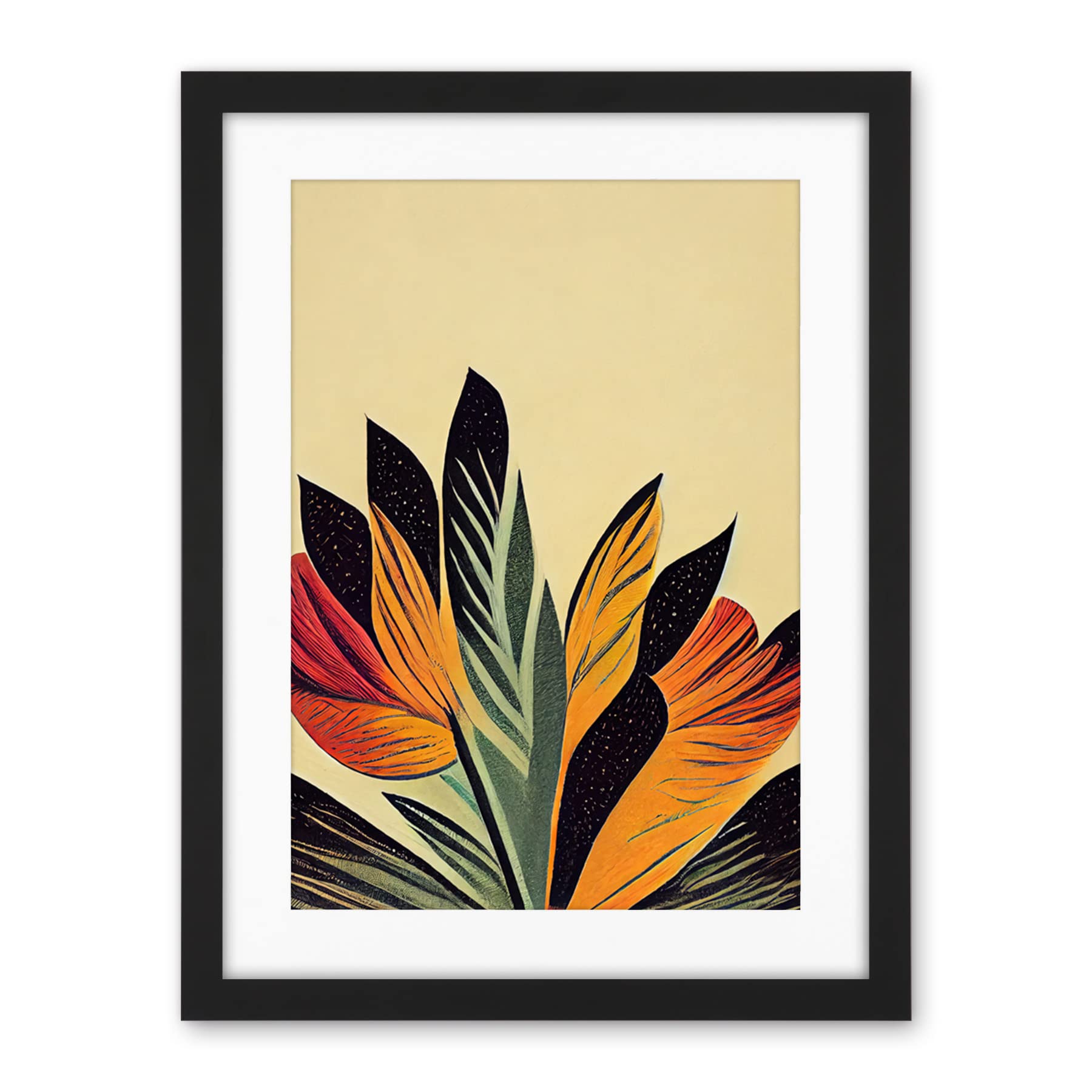 Wee Blue Coo Abstract Retro Art Nouveau Flowers In Bloom Black Gold Artwork Framed Wall Art Print 18X24 Inch