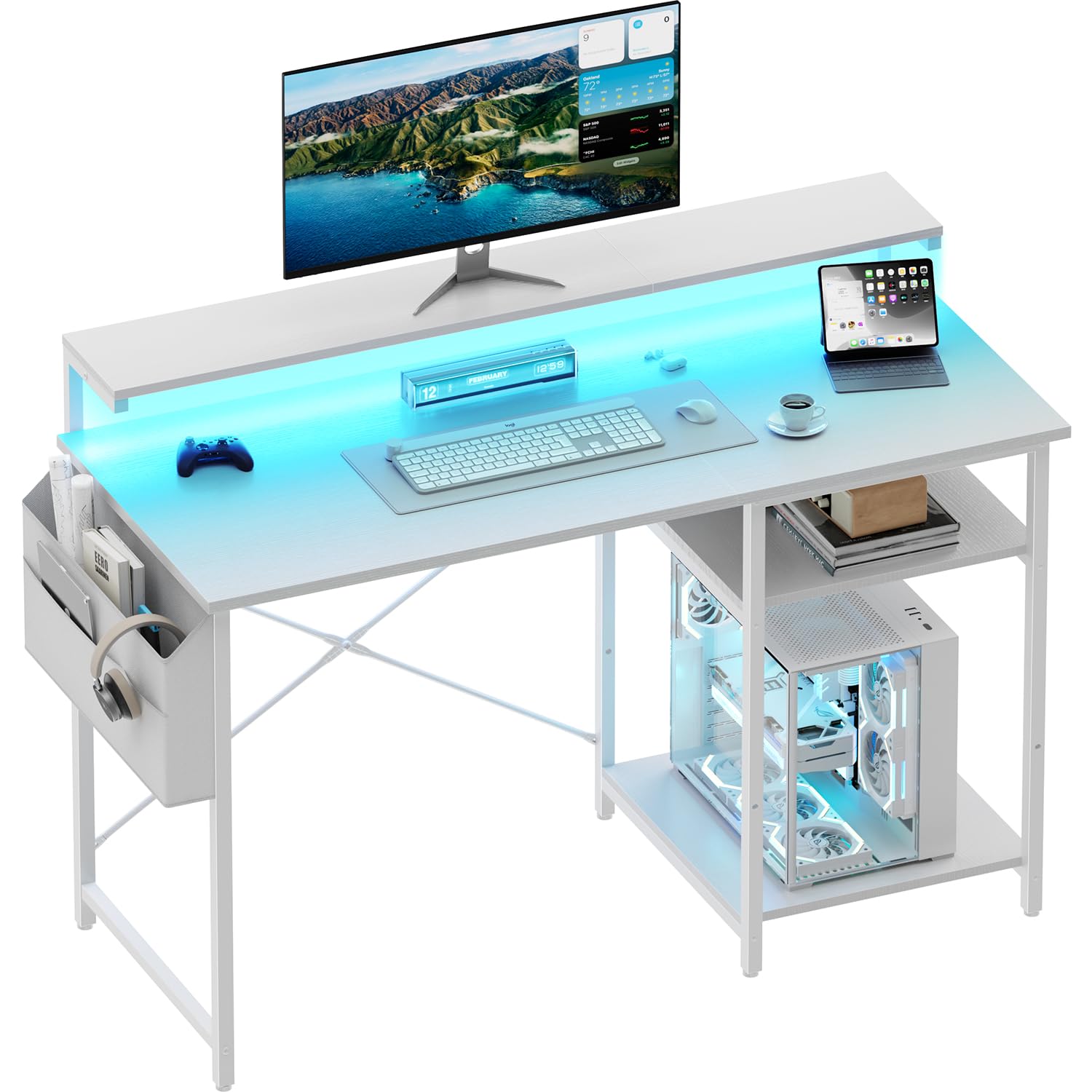 DLONGONE Gaming Desk with LED Lights, Computer Desk with Adjustable Monitor Stand, 100 x 48 cm Gaming Table with Storage Shelves and Storage Bag, PC Desks for Study, Bedroom, Living Room, White