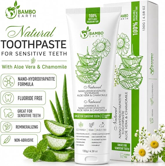 Natural Fluoride Free Toothpaste - Nano Hydroxyapatite, Remineralizing, Sensitive Teeth, Whitening & Zero Waste Tube - Dentist Recommended for Adult & Kids Oral Aloe Vera & Chamomile (Single, Aloe)