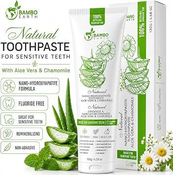 Natural Fluoride Free Toothpaste - Nano Hydroxyapatite, Remineralizing, Sensitive Teeth, Whitening & Zero Waste Tube - Dentist Recommended for Adult & Kids Oral Aloe Vera & Chamomile (Single, Aloe)