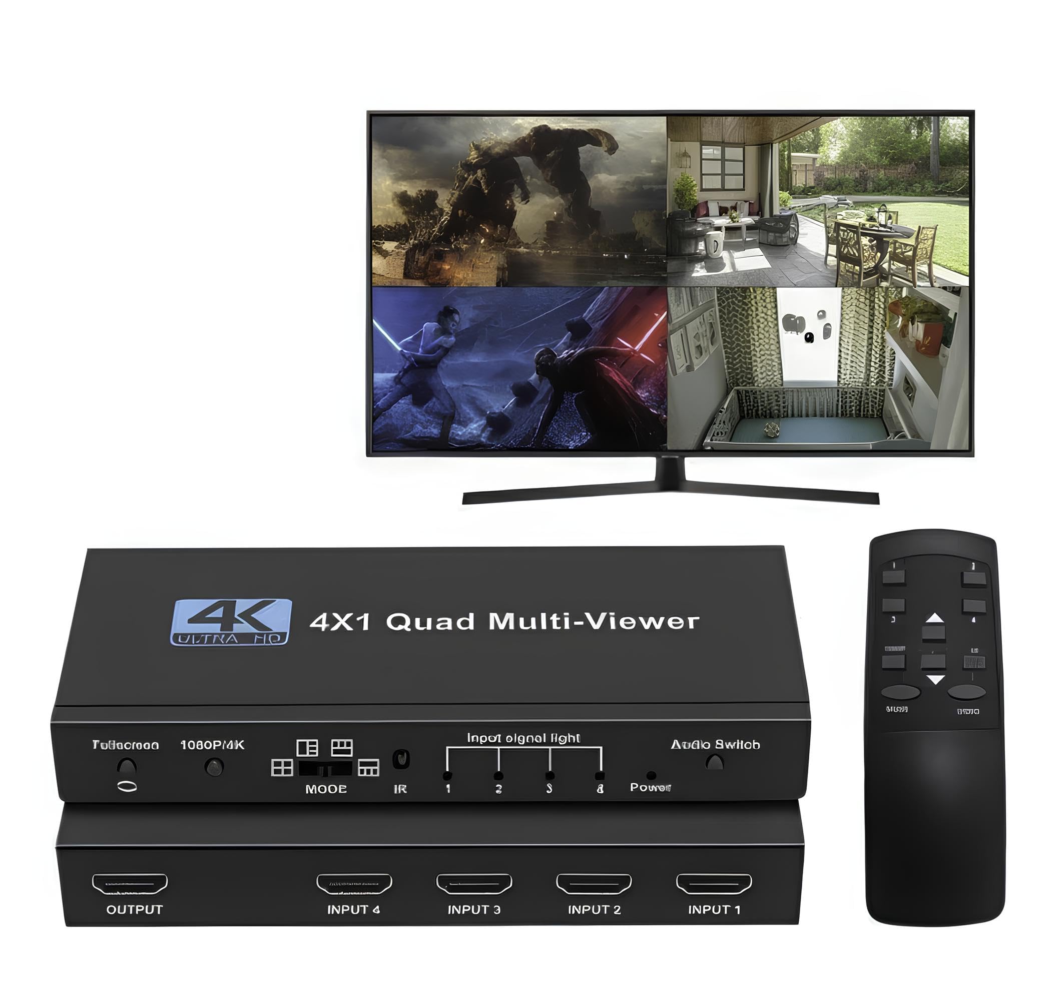 Interruttore HDMI Multiviewer 4x1 con divisione dello schermo, telecomando, risoluzione 4K/30Hz, 4 ingressi HDMI a 1 schermo, custodia in metallo