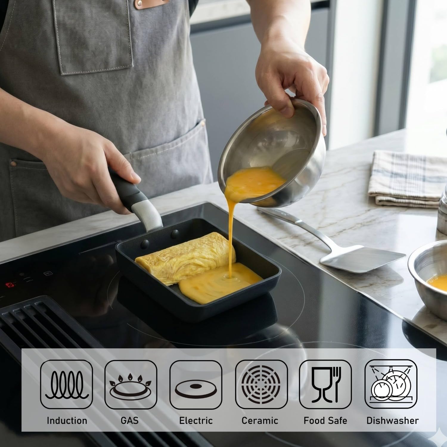 TECHEF - Padella giapponese Tamagoyaki per omelette e uova, senza PFOA, lavabile in lavastoviglie, pronta per induzione, prodotta in Corea (nero/medio)