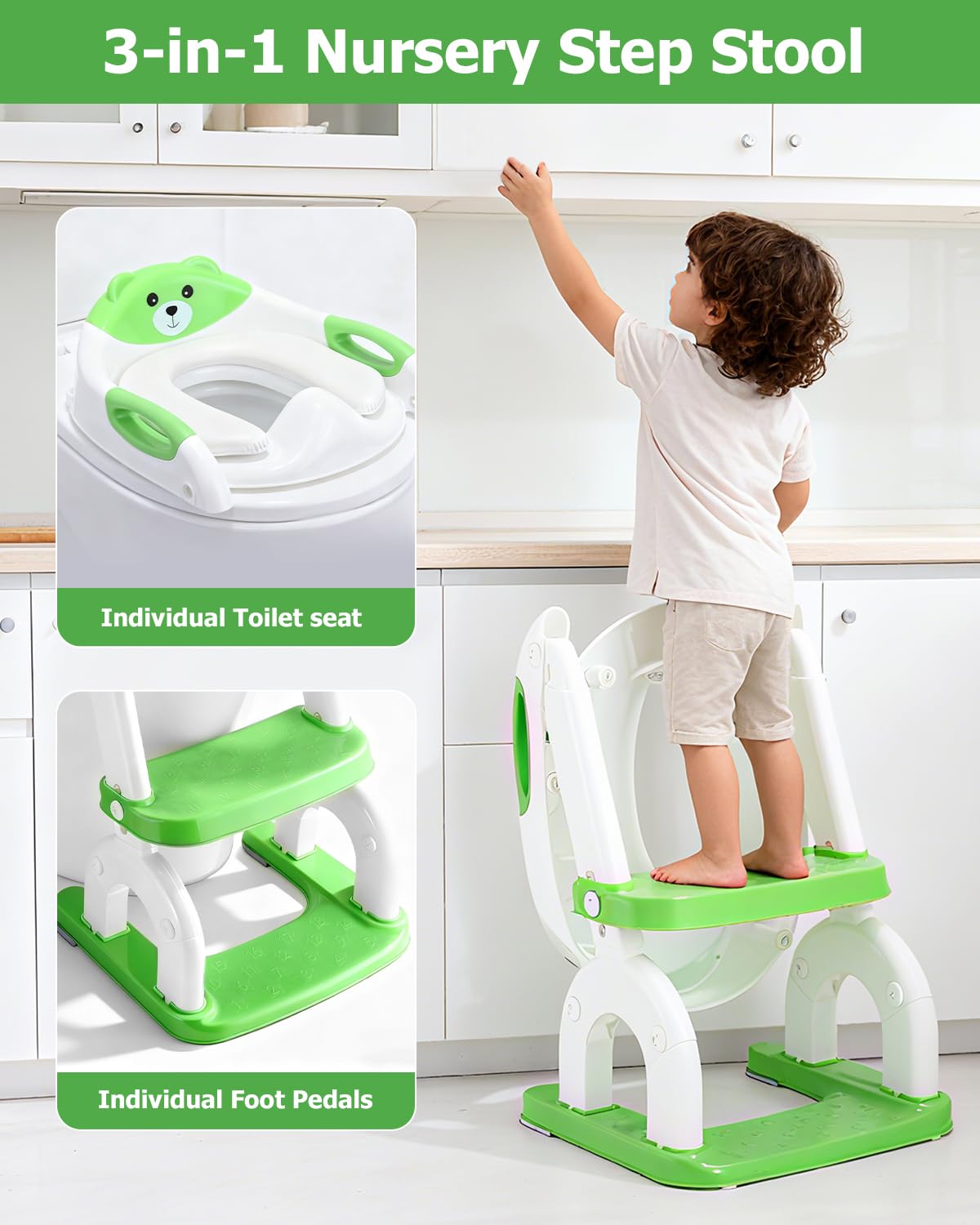 2-in-1 Toilettensitz Kinder mit Treppe, Upgraded WC Aufsatz für Kinder für Jungen und Mädchen, Toilettentrainer mit Treppe, Höhenverstellbar Bequemer Sicherer Toilettensitze (Grün Drei Treppe)
