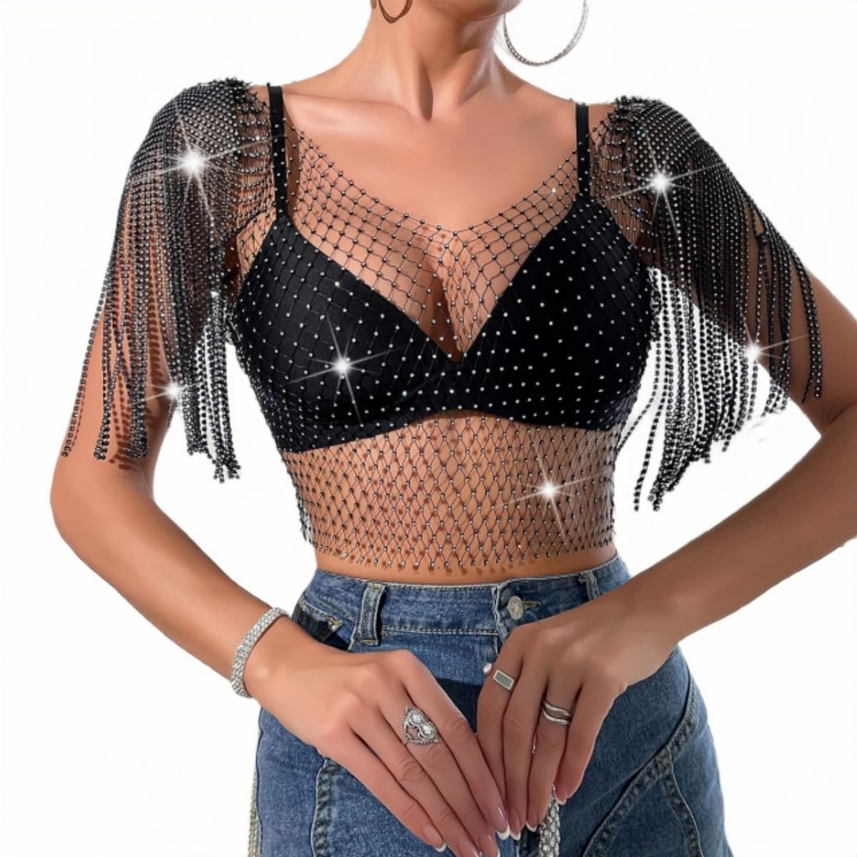 Women's Diamond Crystal Tanks Tops, Black Sexy Mesh Tassel Sleeve Hollow Out Crop Tops, See Through Rhinestone Sparkly Vest for Festival Club Rave Outfit