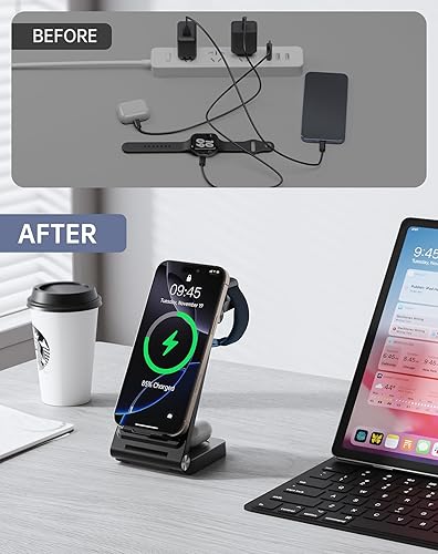 Miniatura 7 de Cargador rápido inalámbrico portátil para viaje 2026 para Apple y estación de carga Android, carga 3 en 1 para iPhone 17, 16, 15, 14, 13, 12, Apple