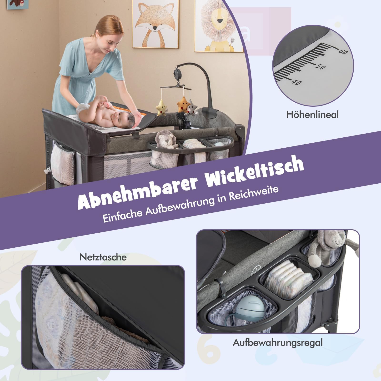 FANTASK 5 in 1 Beistellbett, Babybett höhenverstellbar mit Matratze & Rollen, Reisebett Baby mit Wickeltisch, Hängespielzeug, Spieluhr & Sicherheitsgurt, Stubenwagen Babywiege für Kleinkinder (Blau)