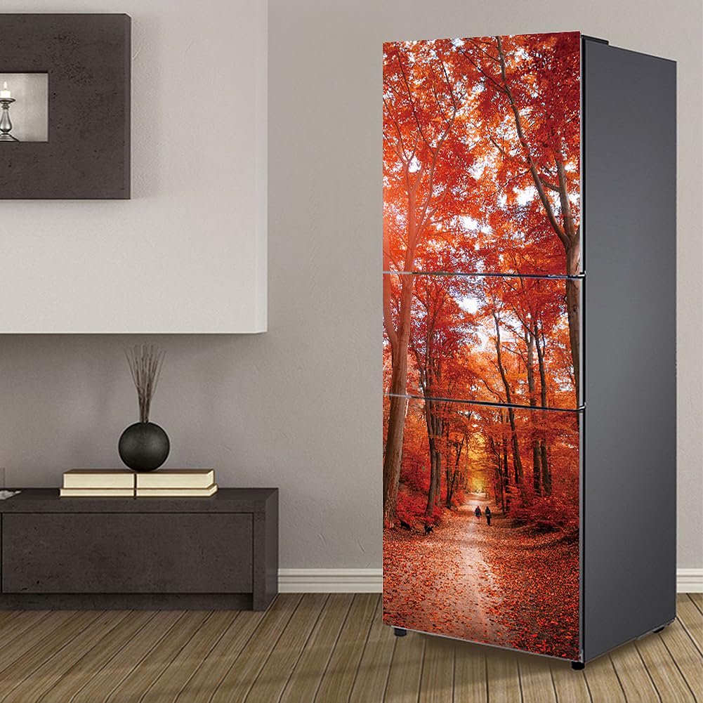 Myxjx One Color Fridge Wrap, Full Covering Door Fridge Covers Skins Wall Stickers For Kitchen Decal, Red Forest Road Landscape
