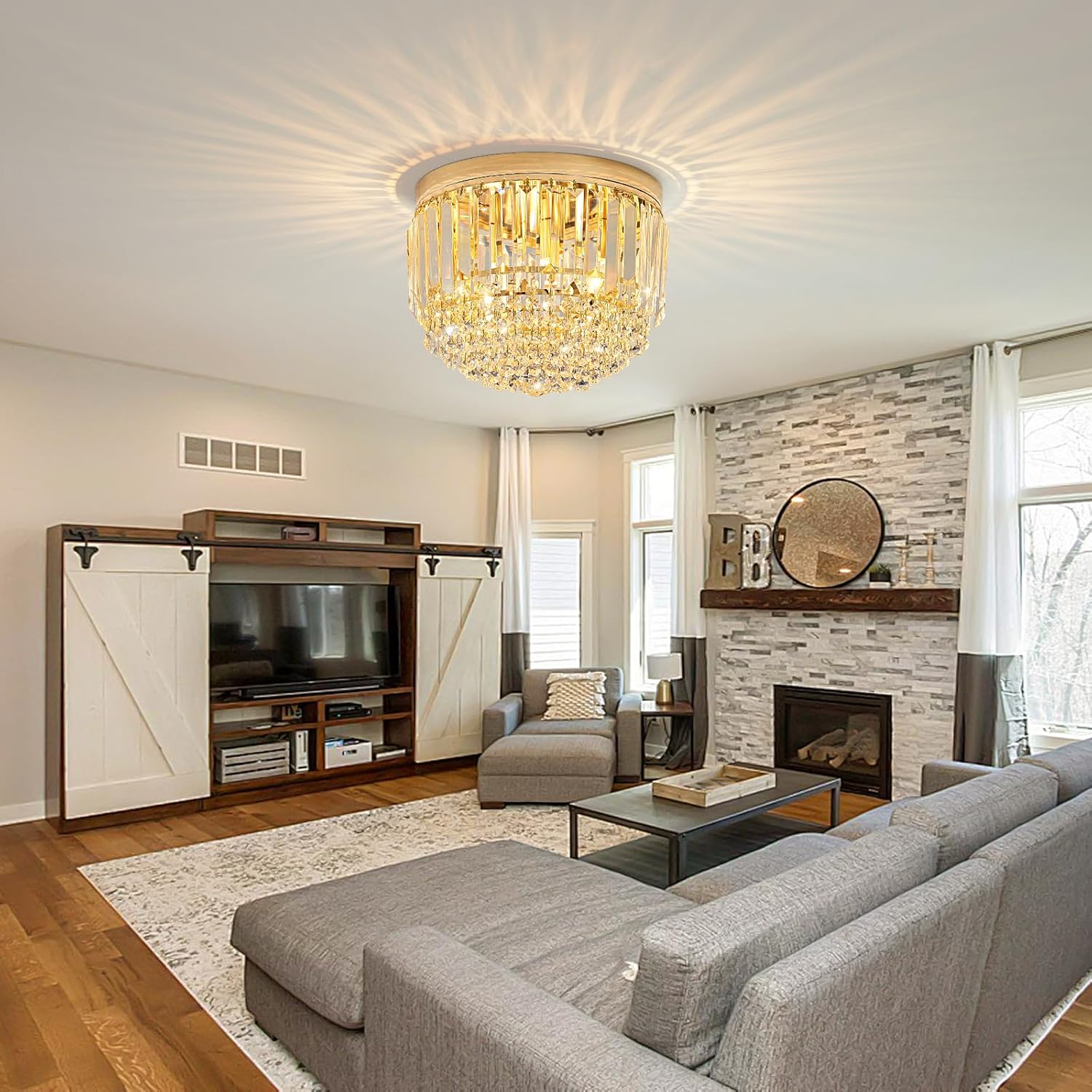YMP&YZX Modern 3-Lights Crystal Chandelier French Gold,11.8" Semi Flush Mount Crystal Ceiling Light LED Round Chandelier Light E12 Base for Bedroom Living Room
