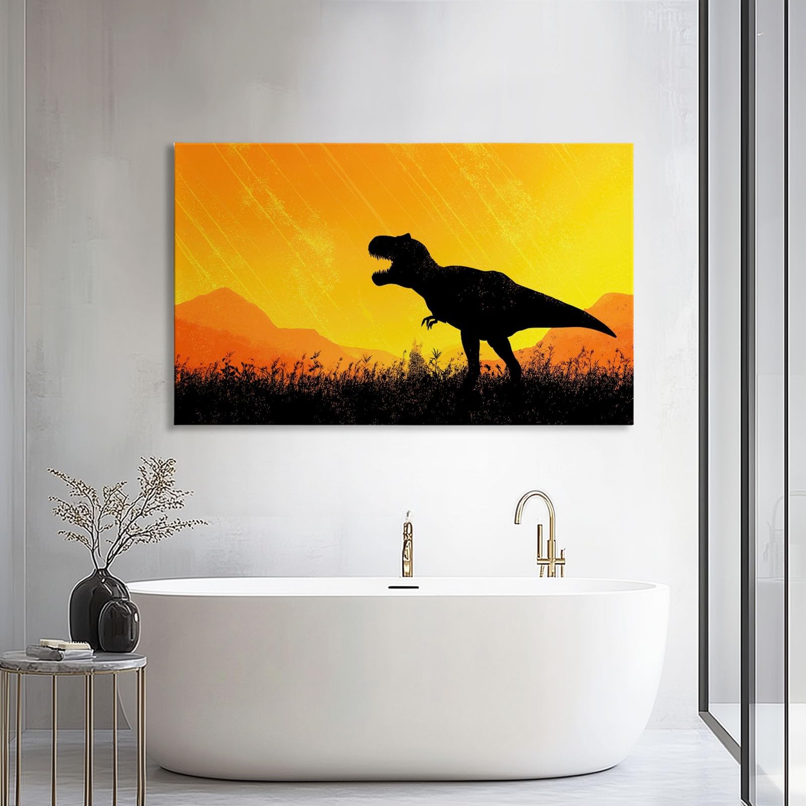 Generisch Gelb Afrikanisch Traditionell Dinosaurier Modernes Leinwandbild 140L x 70B cm mit Rahmen, Cartoon XXL Wanddeko für Wohnzimmer Geschenk Idee Einzug - Hochwertiger Kunstdruck auf Holzrahmen