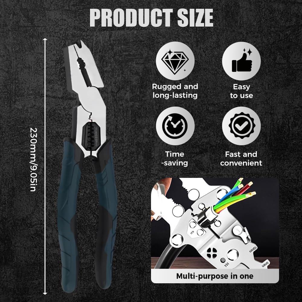 Industrial-Grade Multi-function Cutting Pliers, 9-in-1 Multi-Functional Pliers, Nail Puller, Wire Cutter, Stripper, Crimper—Compound Action, Professional Cutting Tool for Home Repair (2 pcs)
