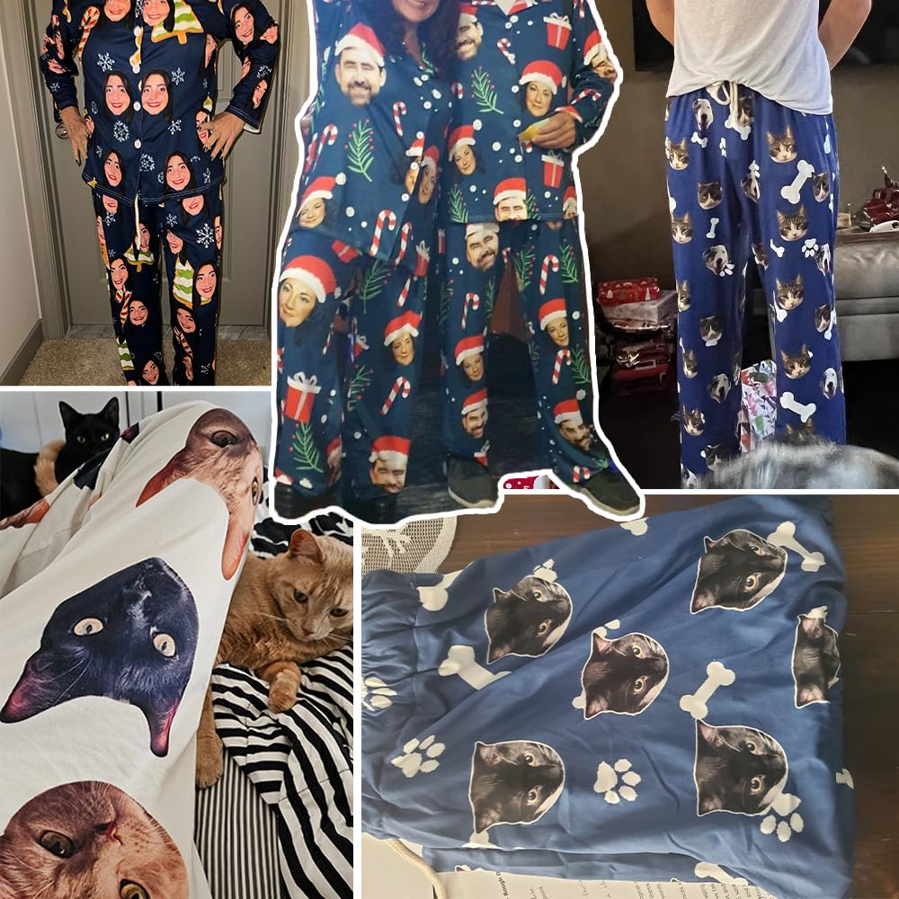 Pyjamas Personnalisés avec Imprimés de Visages, Pyjamas Personnalisés avec Photo, Ensemble Personnalisé avec Imprimés de Chiens et Chats, Tenue de Famille Amusante assortie, Anniversaire Unique pour
