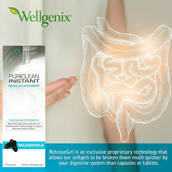 Wellgenix Puriclean Instant Max Cleanser Release Gel - Premium Body Detox Cleanse, Fast-Acting Maximum Strength, 2 Herbal Cleanse Detox Softgels (Pack of 2)