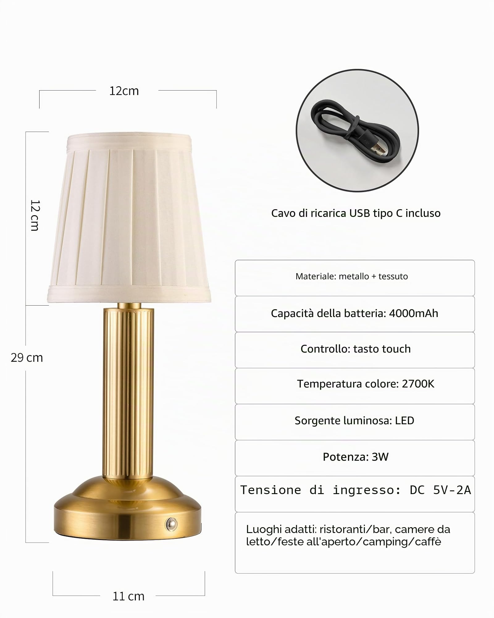 2 lampade da tavolo a LED senza fili, con batteria da 4000 mAh, dimmerabili, vintage, con paralume in tessuto, lampada touch per camera da letto, bar, ristorante (oro).