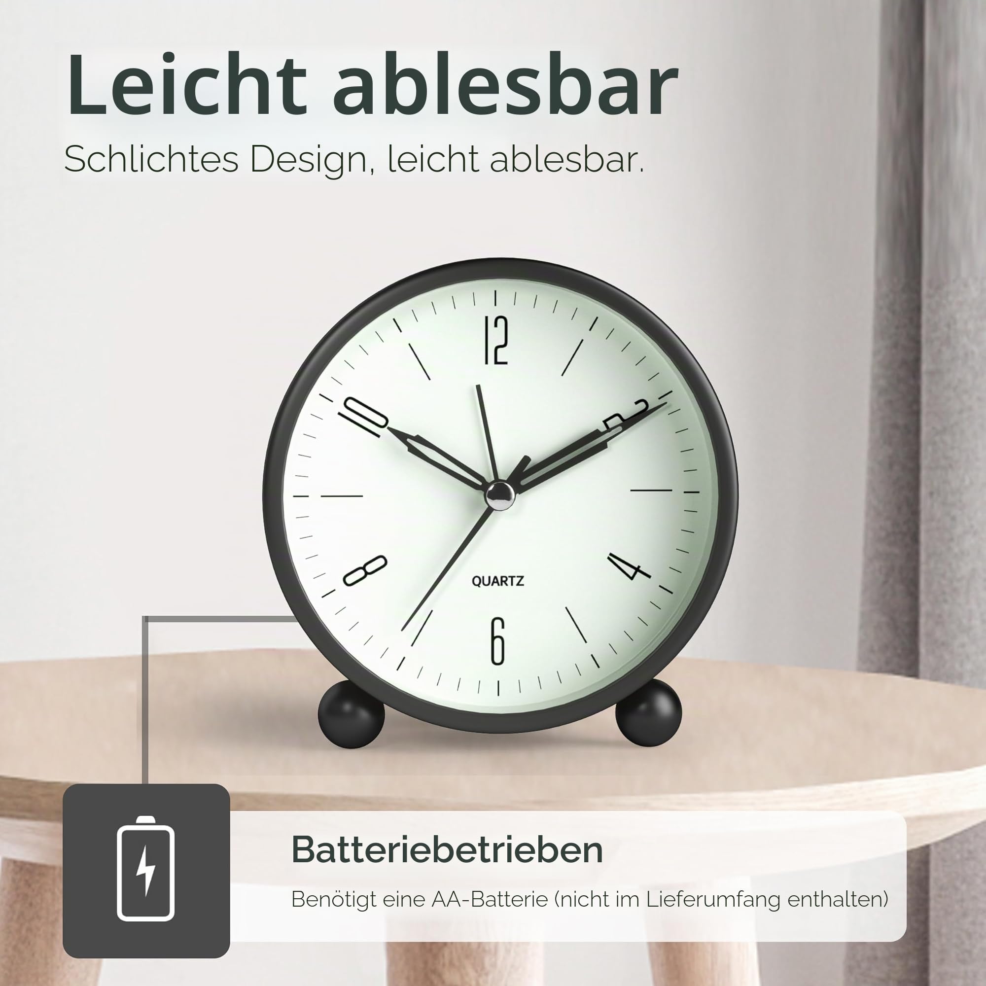 4 Zoll Analogwecker, super leise kein ticken, kleine Nachttischlampenuhr batteriebetrieben, einfaches Design, für Nachtbett, Büro, Schwarz