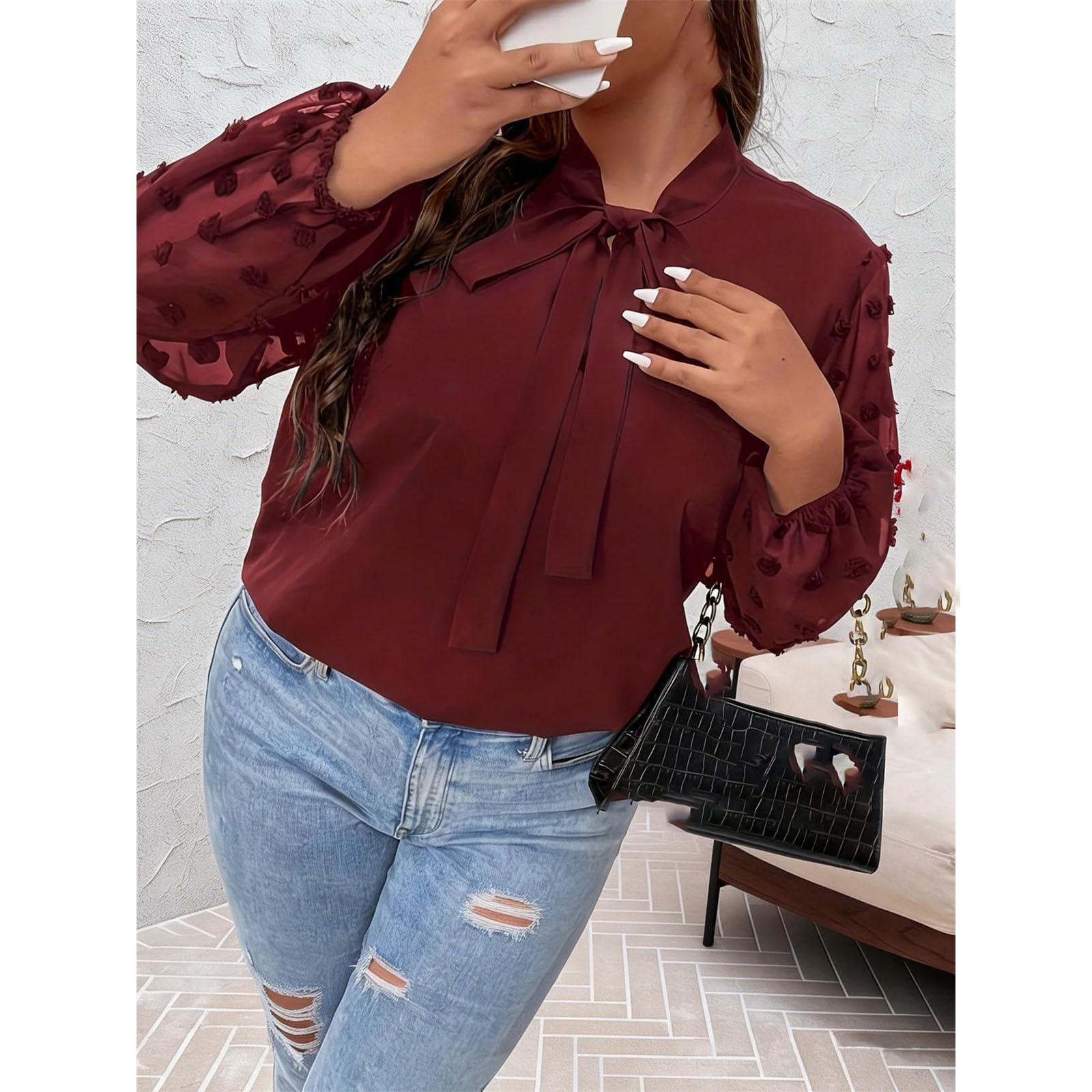 Camisa de manga larga para mujer, cuello con lazo, elegante, color liso, para oficina, uso diario