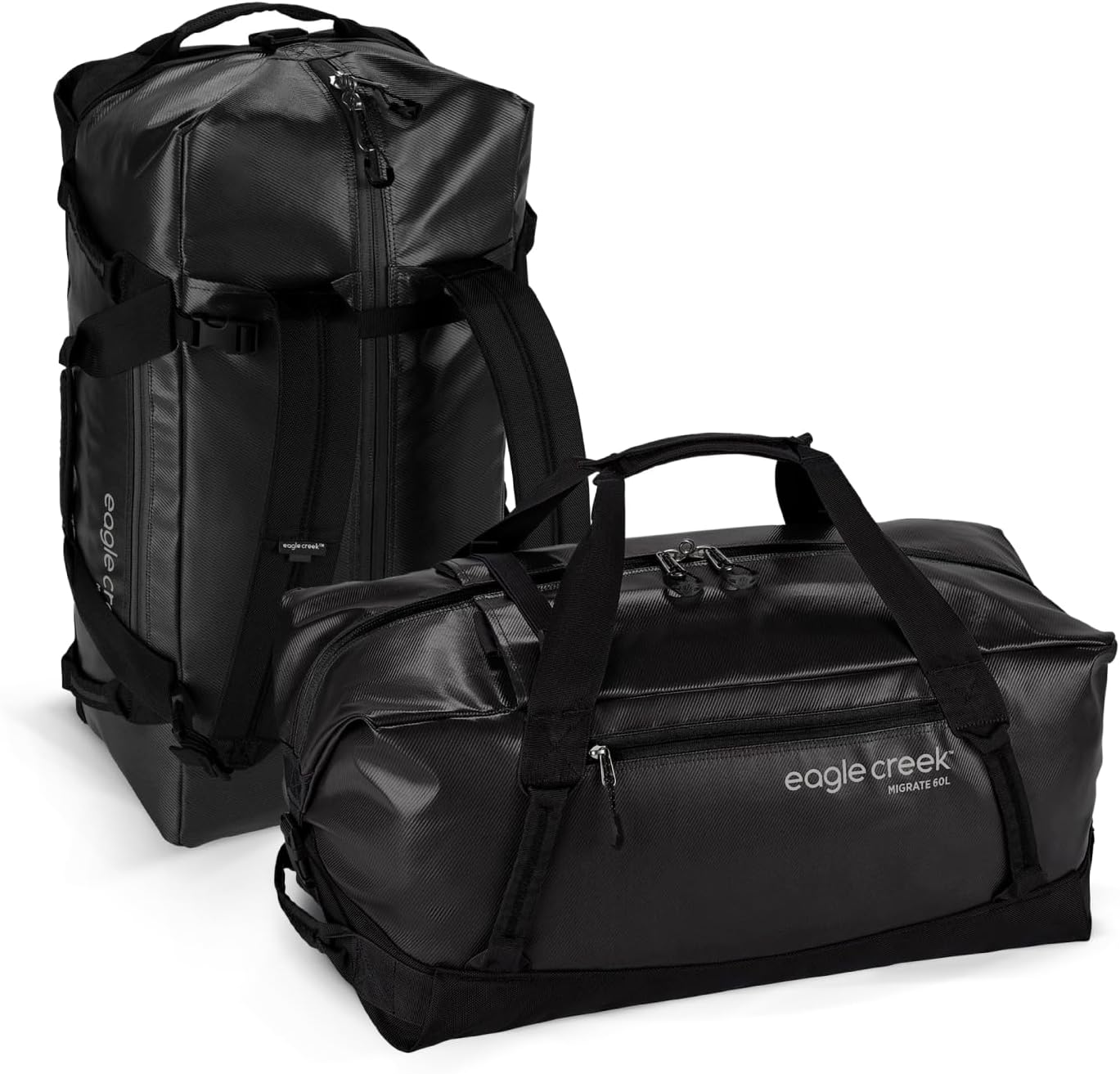 Migrate 60L Travel Backpack Duffle Bag with Tuck-Away Backpack Straps, Full-Access Wide Mouth Opening & Seamless Bottom Bathtub Construction, Black