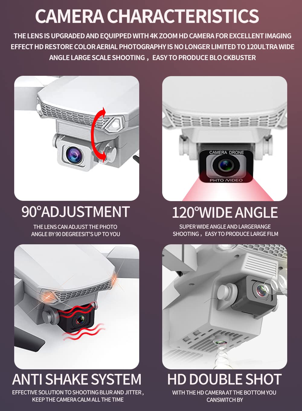 Drone con cámara 4K, Drone infantil con dos cámaras, drones controlados por radio FPV, control con un solo clic, modo sin cabeza,mantenimiento en altura,batería*2,regalo para niños y adultos