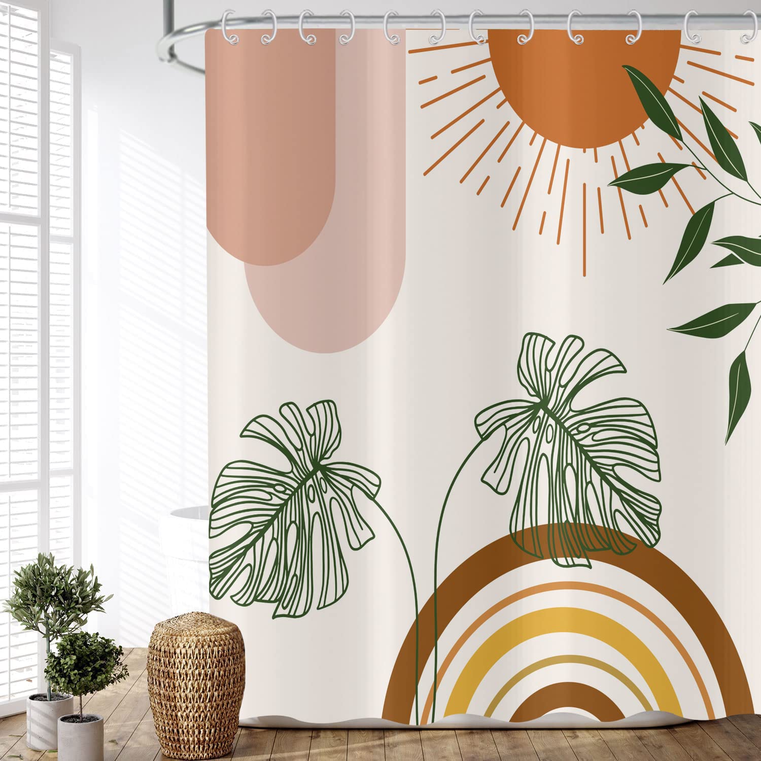 ASDCXZ Rideau de Douche Boho Feuilles 180x180 cm, Art Abstrait Moderne Vert Noir Or Feuilles de Palmier Rideau de Douche Lavable Textile Rideaux de Douche imperméables pour Baignoire avec 12 Crochets