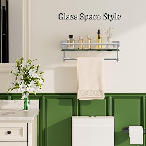 Miniatura 4 de Alise Estante de baño con toallero, estantes de baño montados en la pared, estante de vidrio flotante de 20 pulgadas para pared de baño y ducha
