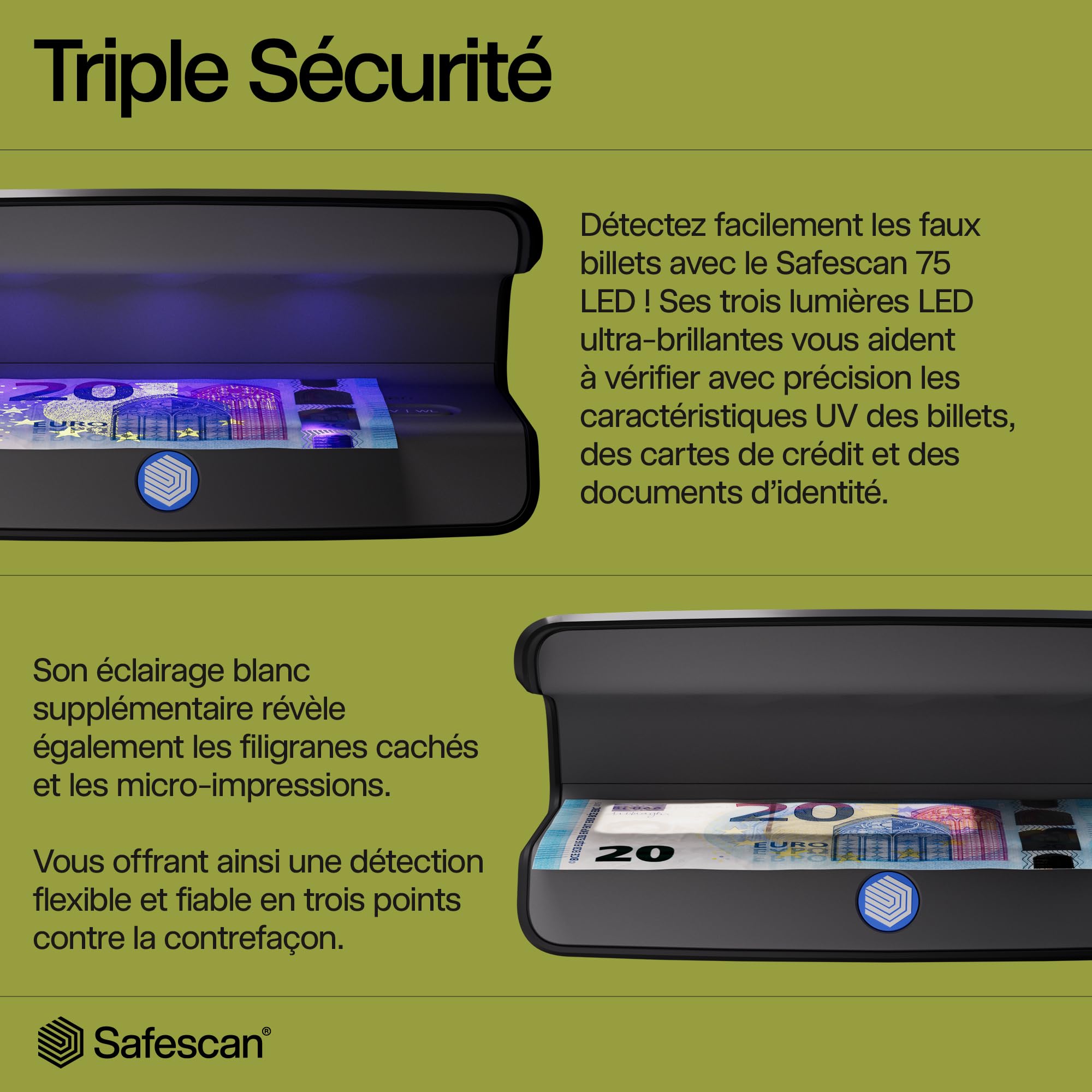 Safescan 75 LED Détecteur de faux billets UV & lumière blanche ultra-lumineuse – Détecteur de faux billet vérifie aussi cartes bancaires et ID – Machine à billet avec triple détection – Détecteur UV