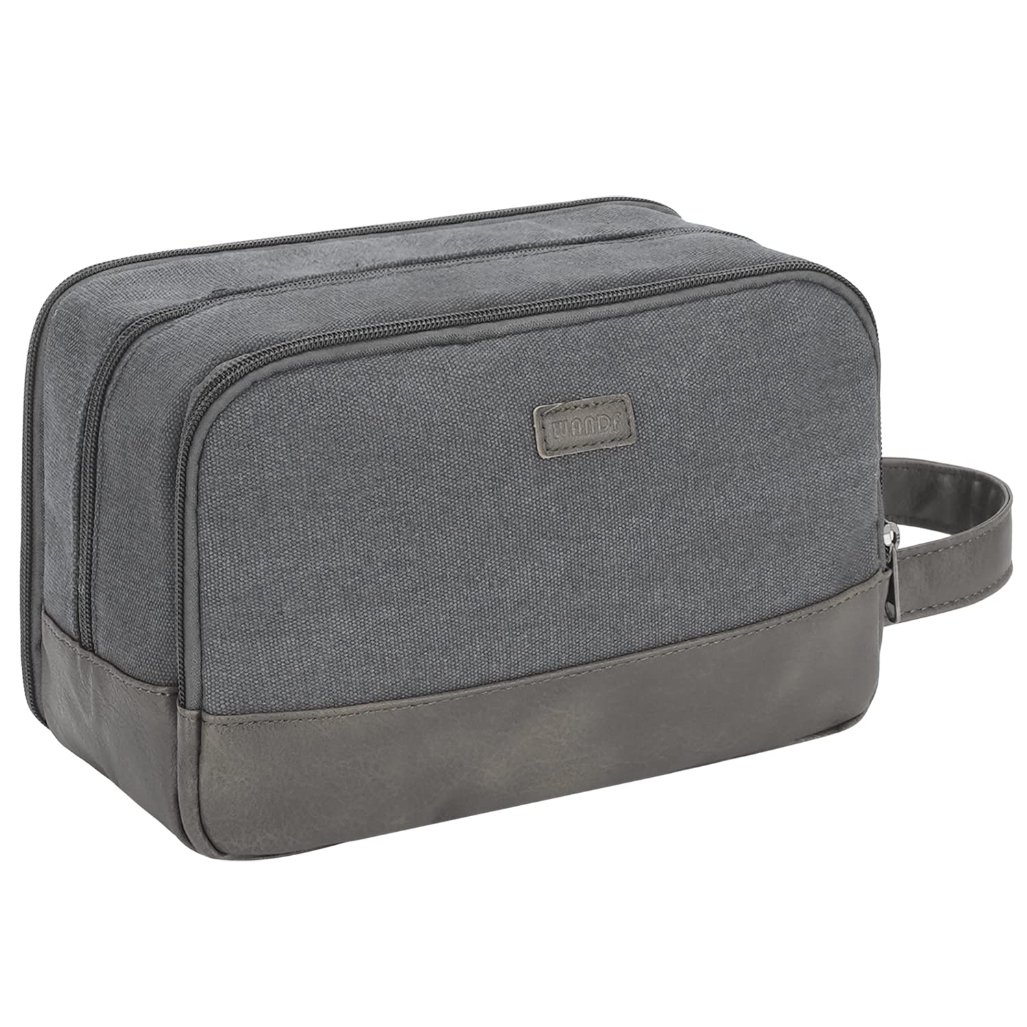 WANDF Travel Toiletry Bag for Men Hanging Dopp Kit Canvas Toiletry Organizer Water-Resistant Vegan Leather Shaving Bag with Wet Pocket