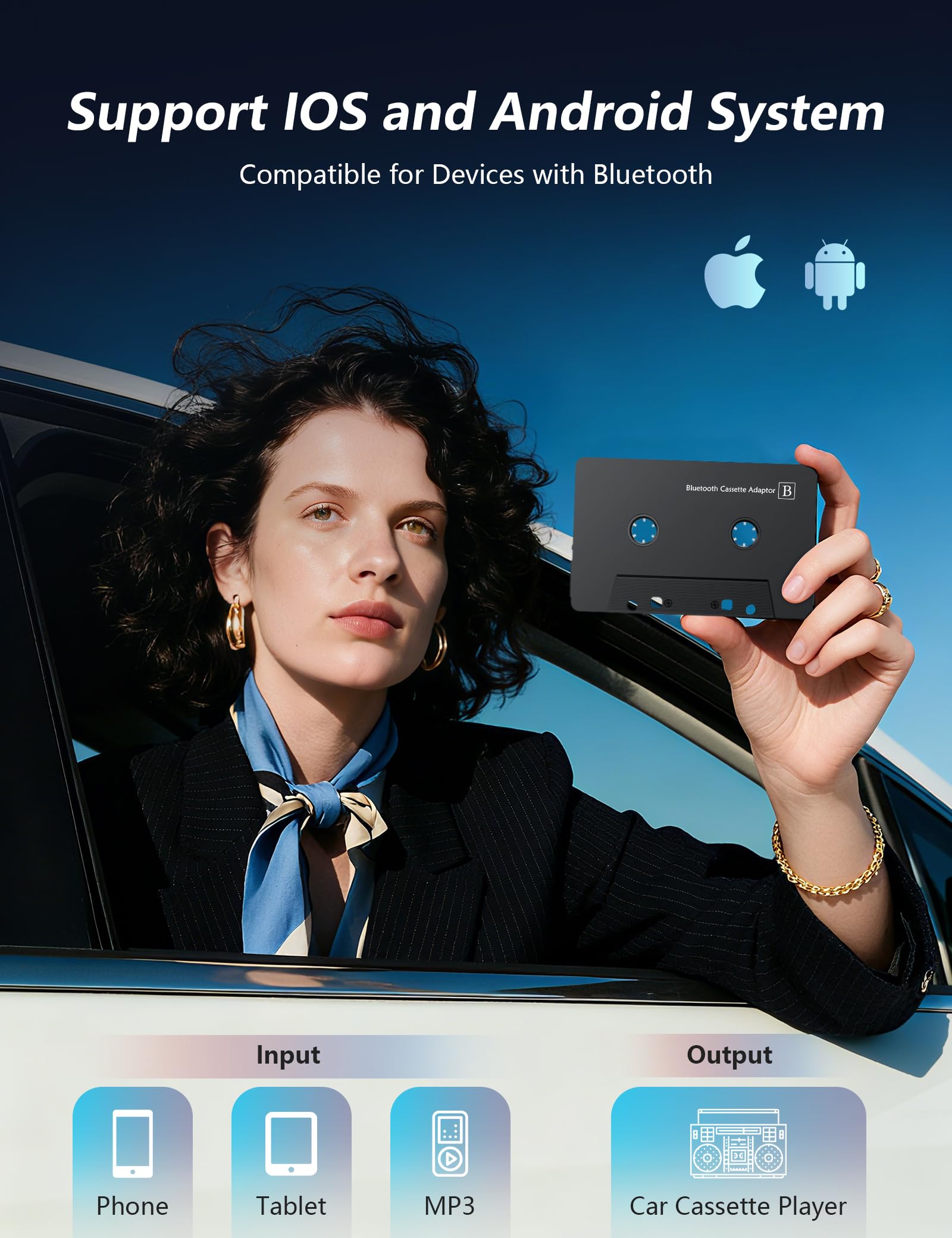 Bluetooth 5.0 Kassettenadapter für Autoradio, Drahtloser Auto Audio Cassette zu AUX Adapter mit Freisprechfunktion, Schwarz