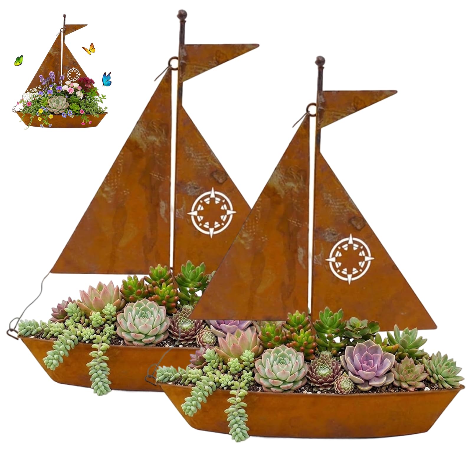 LLELEMAMO Rustic Sailboat Metal Planter – Handcrafted, Weather-Resistant & Perfect for Succulents, Herbs or Flowers – Charming Garden or Shelf Decor (2 Pcs)