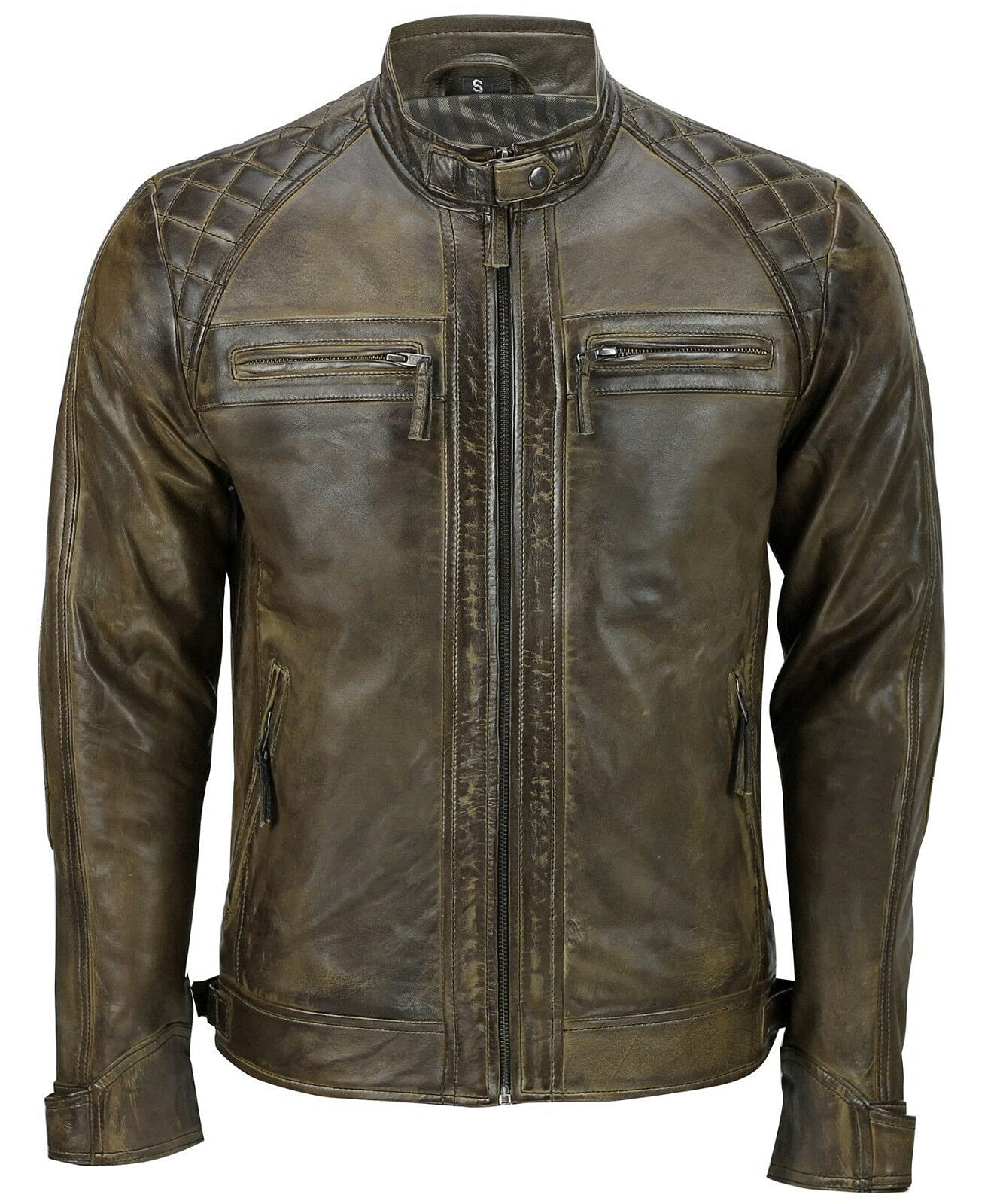 Infinity Leather Men's   Brown Men Classic Vintage Leather Quilted Biker Jacket-Silsden in Size 5XL, BrandAlley