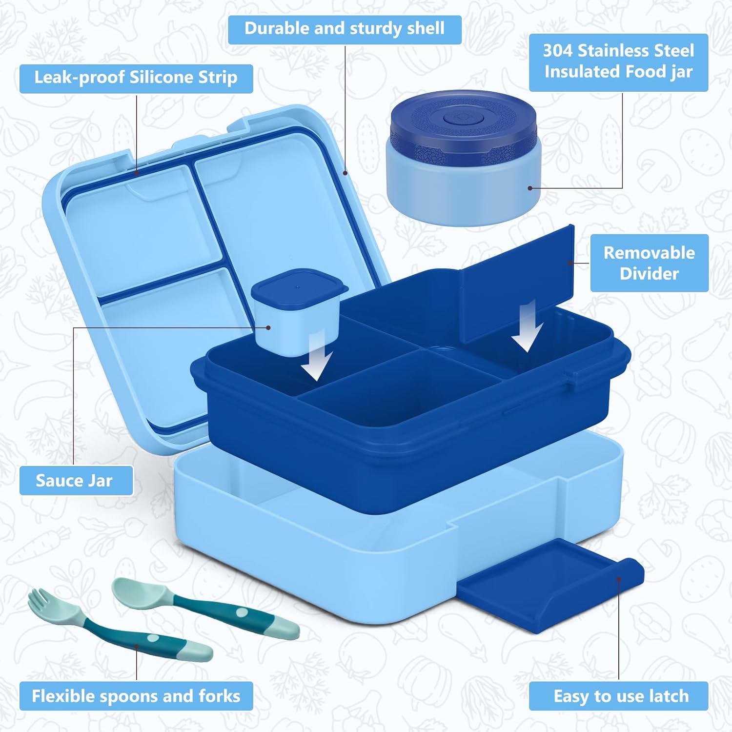 Bento Box with 9.5oz Soup Thermo Kids Leak-proof Lunch Box Container with 4 Compartment Stainless Steel Insulated Hot Food Jar for School Travel - Blue