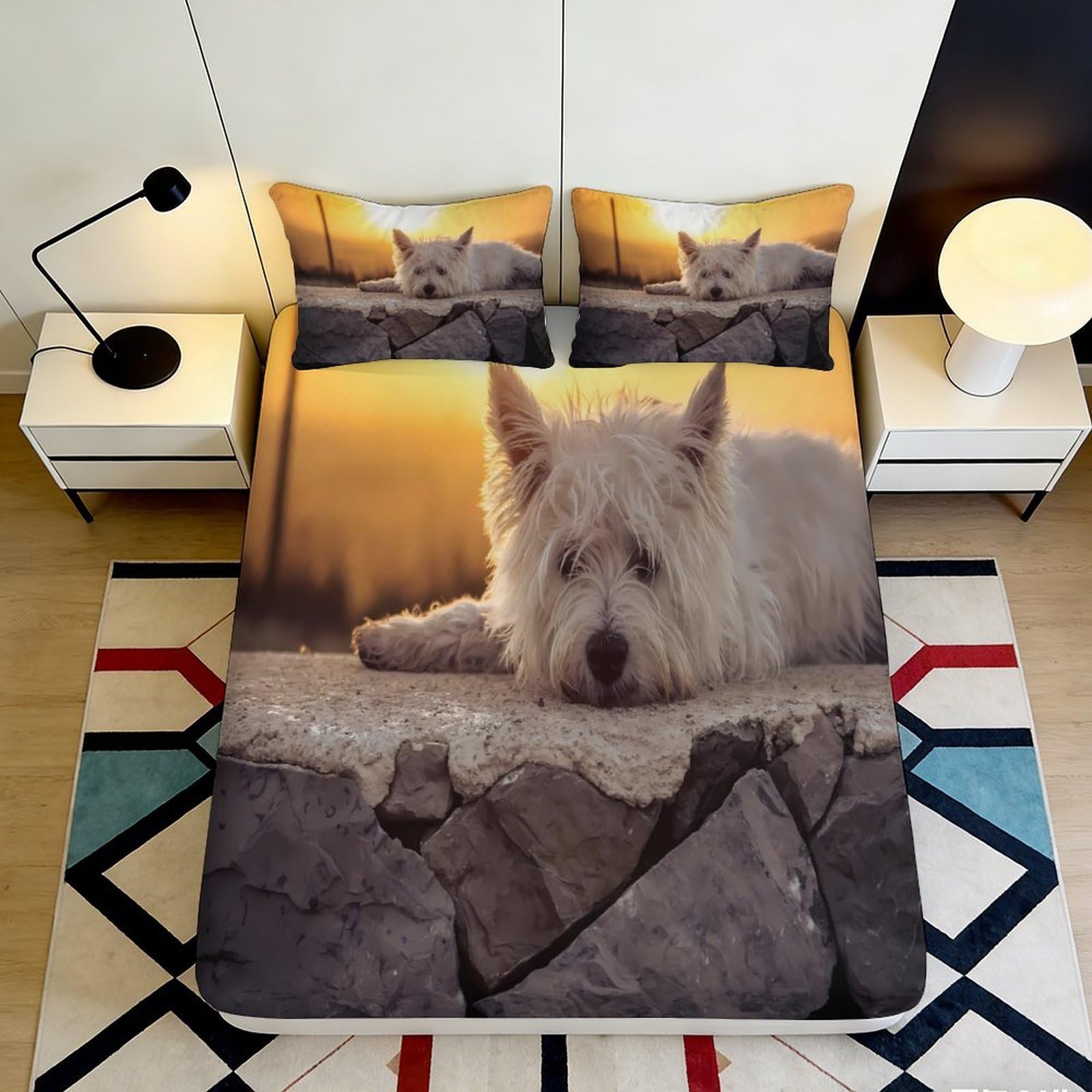 3D Printed White Dog Sunset Fitted Sheet Microfiber Soft Bed Cover for Bedroom Guest Room Mattress Decor Easy Care 90x200x25cm