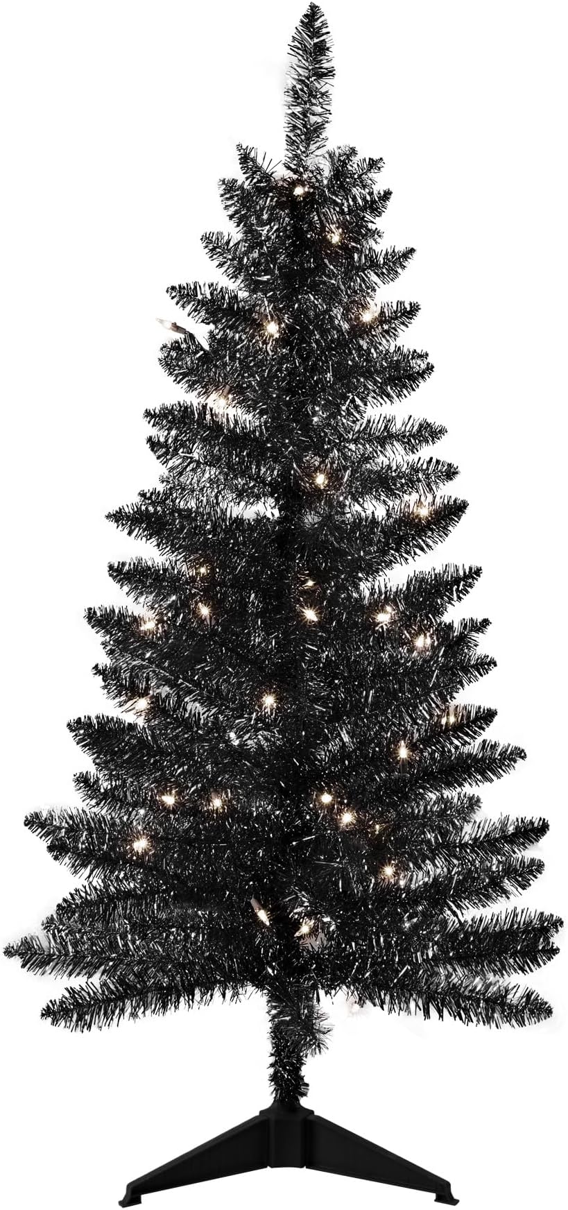4ft Artificial Full Black Christmas Tree with Separate Lights, Not Pre-lit Mini Black Tinsel Pine Christmas Tree, 50 Lights, Small Xmas Tree for Home, Office, Party Decoration, Indoor